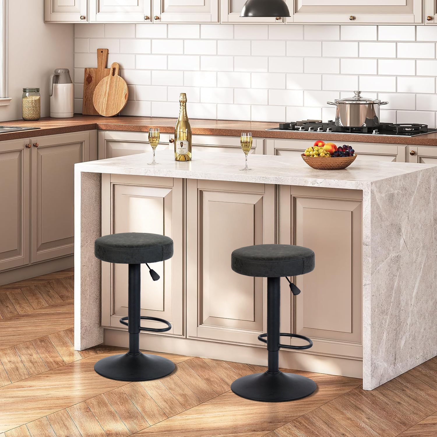 Juego de 2 Taburetes de Bar para Cocina Giratorios 360° y con Altura Ajustable Tela Impermeable Vintage Negro