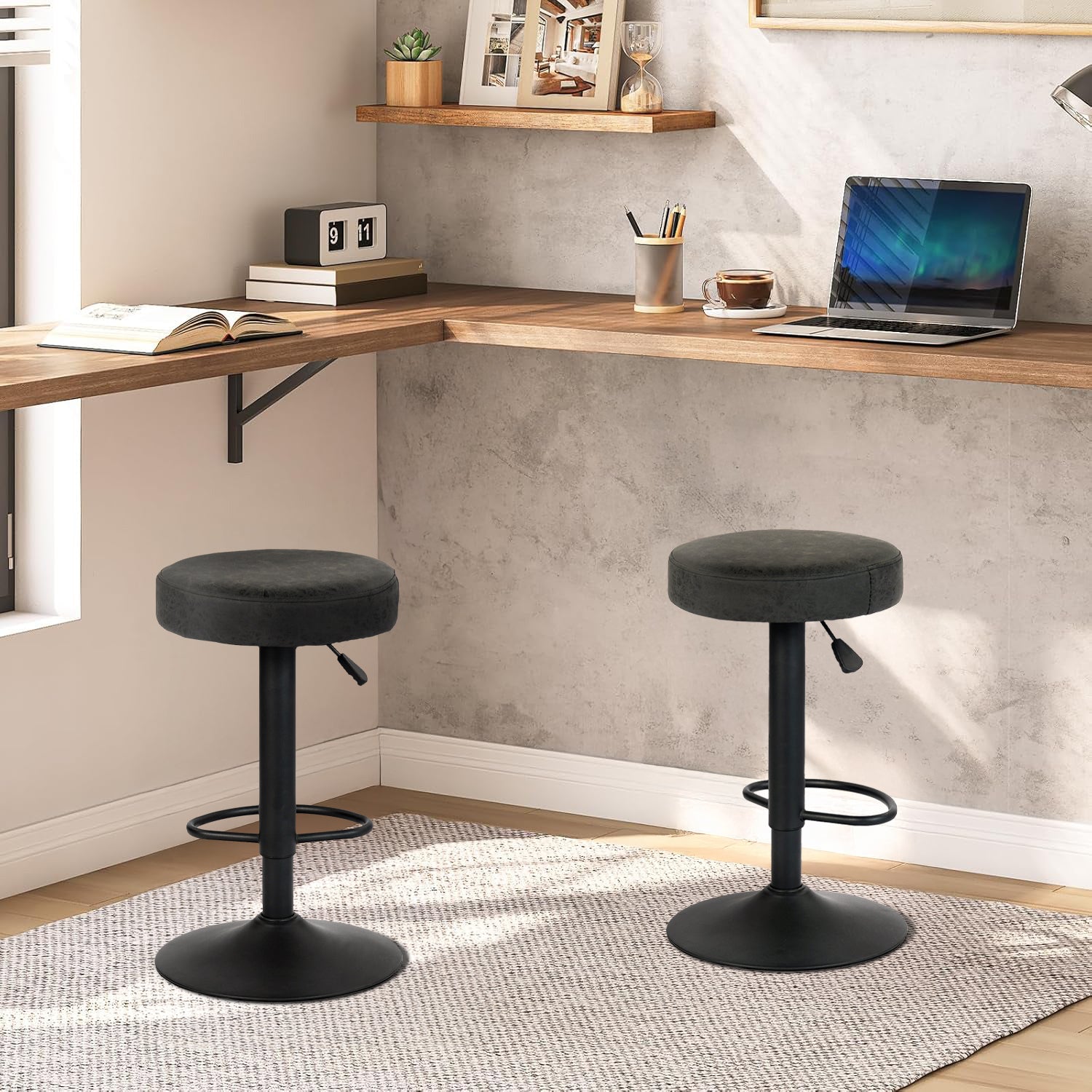 Juego de 2 Taburetes de Bar para Cocina Giratorios 360° y con Altura Ajustable Tela Impermeable Vintage Negro