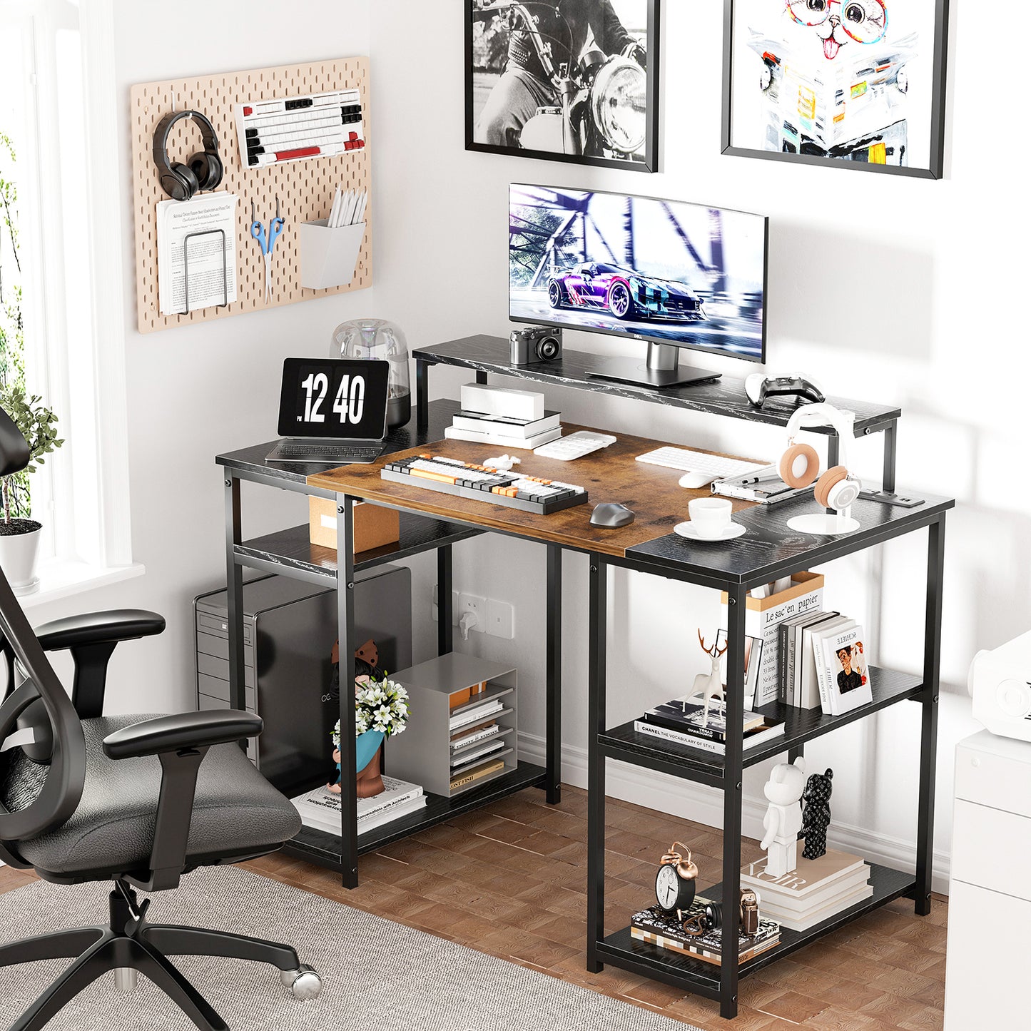 Escritorio de Almacenamiento con Puerto USB Con Estantes A Ambos Lados con Soporte para Monitor 120 X 60 X 88 cm