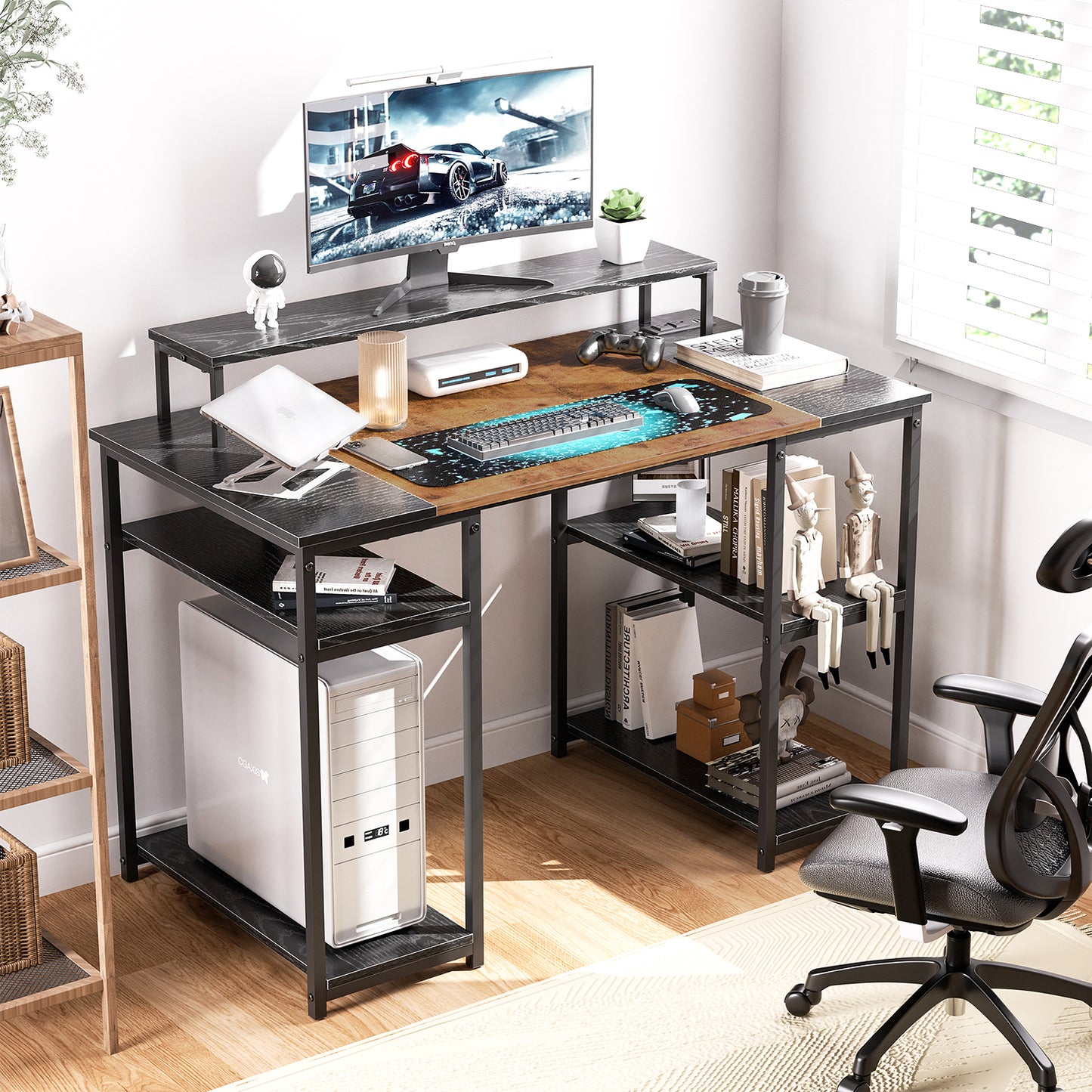 Escritorio de Almacenamiento con Puerto USB Con Estantes A Ambos Lados con Soporte para Monitor 120 X 60 X 88 cm