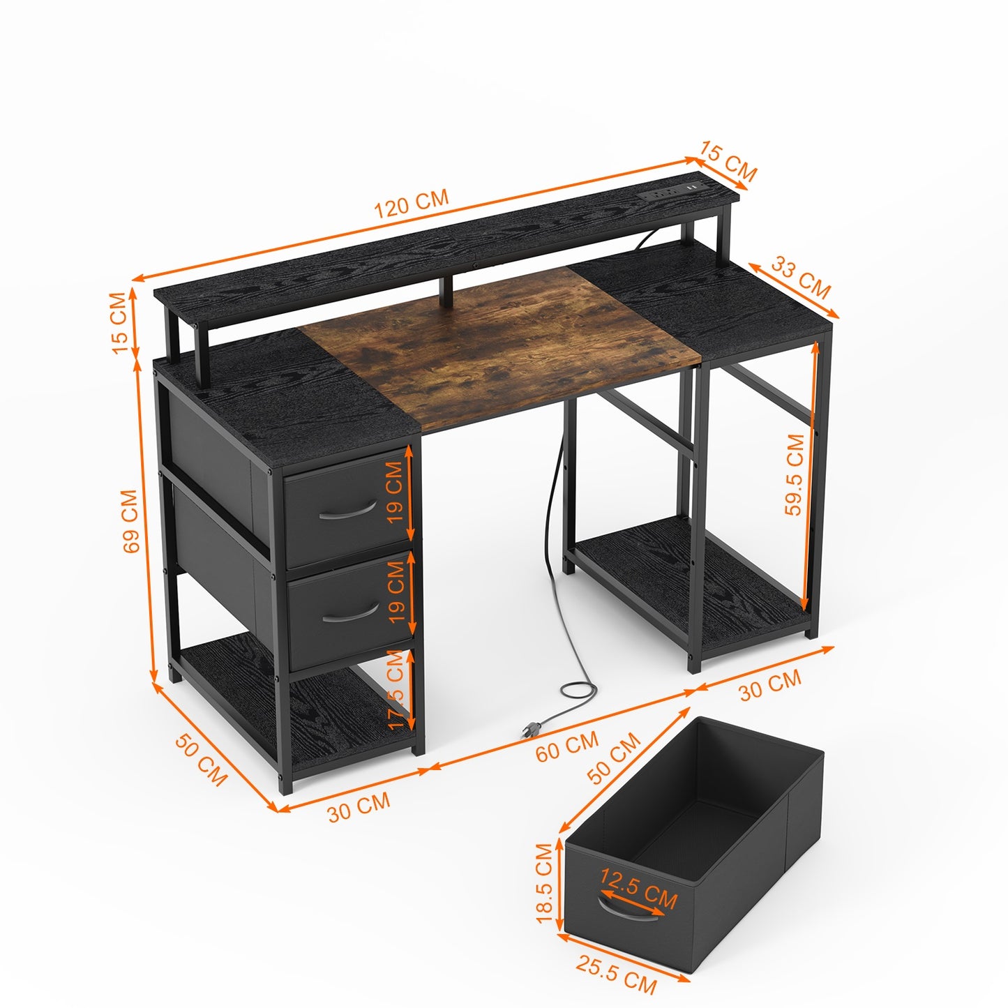 Escritorio de Ordenador con Estante LED USB Negro + Vintage