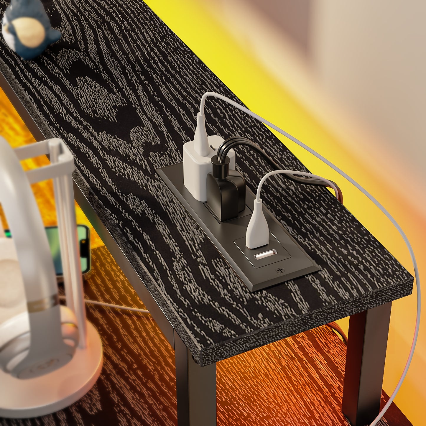 Escritorio de Ordenador con Estante LED USB Negro + Vintage