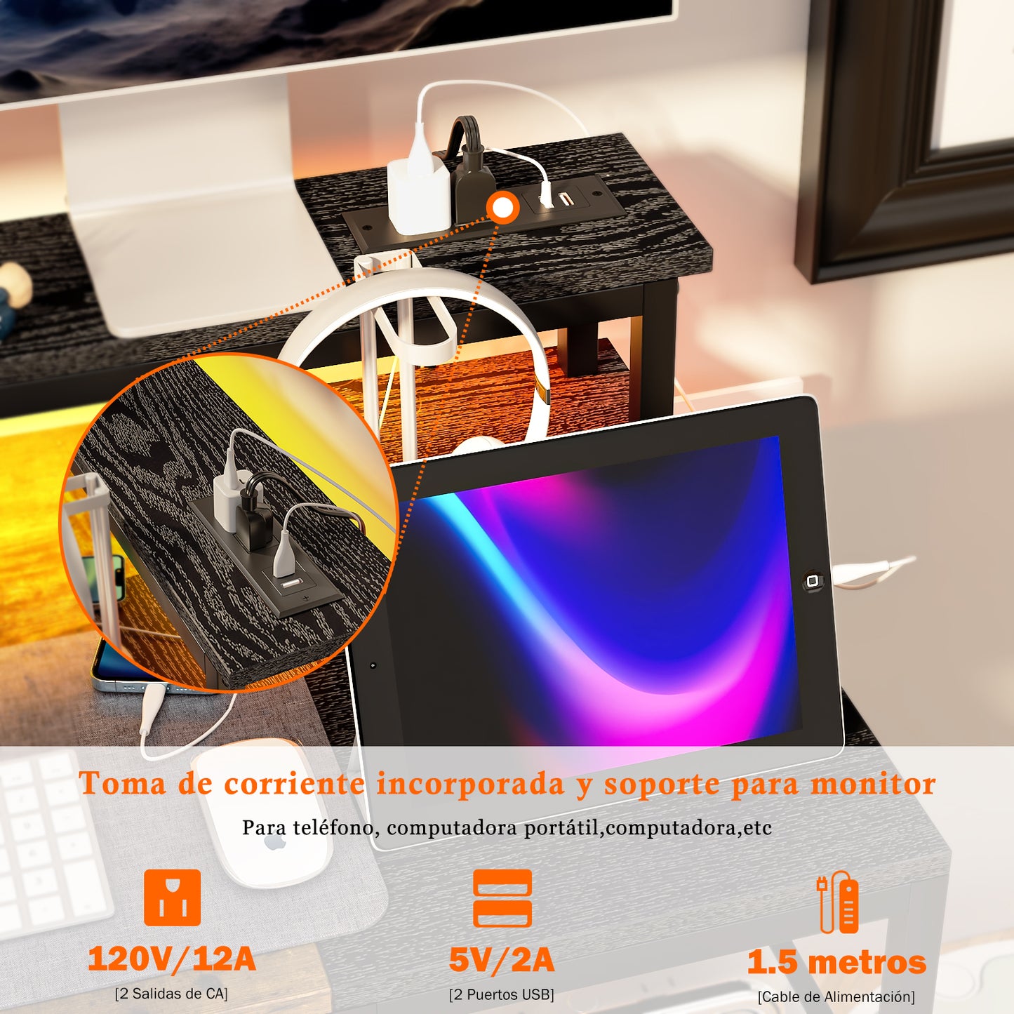 Escritorio de Ordenador con Estante LED USB Negro + Vintage