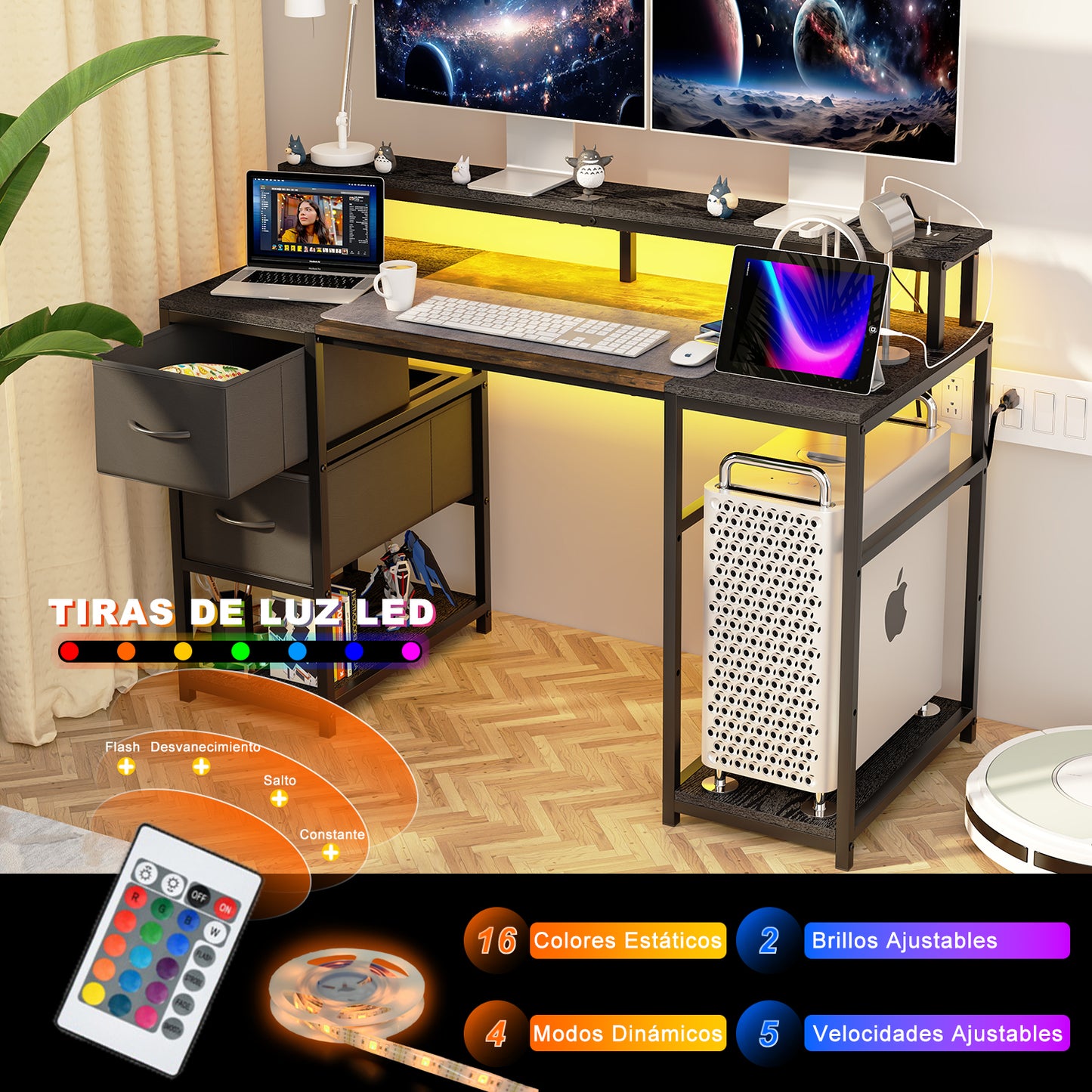 Escritorio de Ordenador con Estante LED USB Negro + Vintage