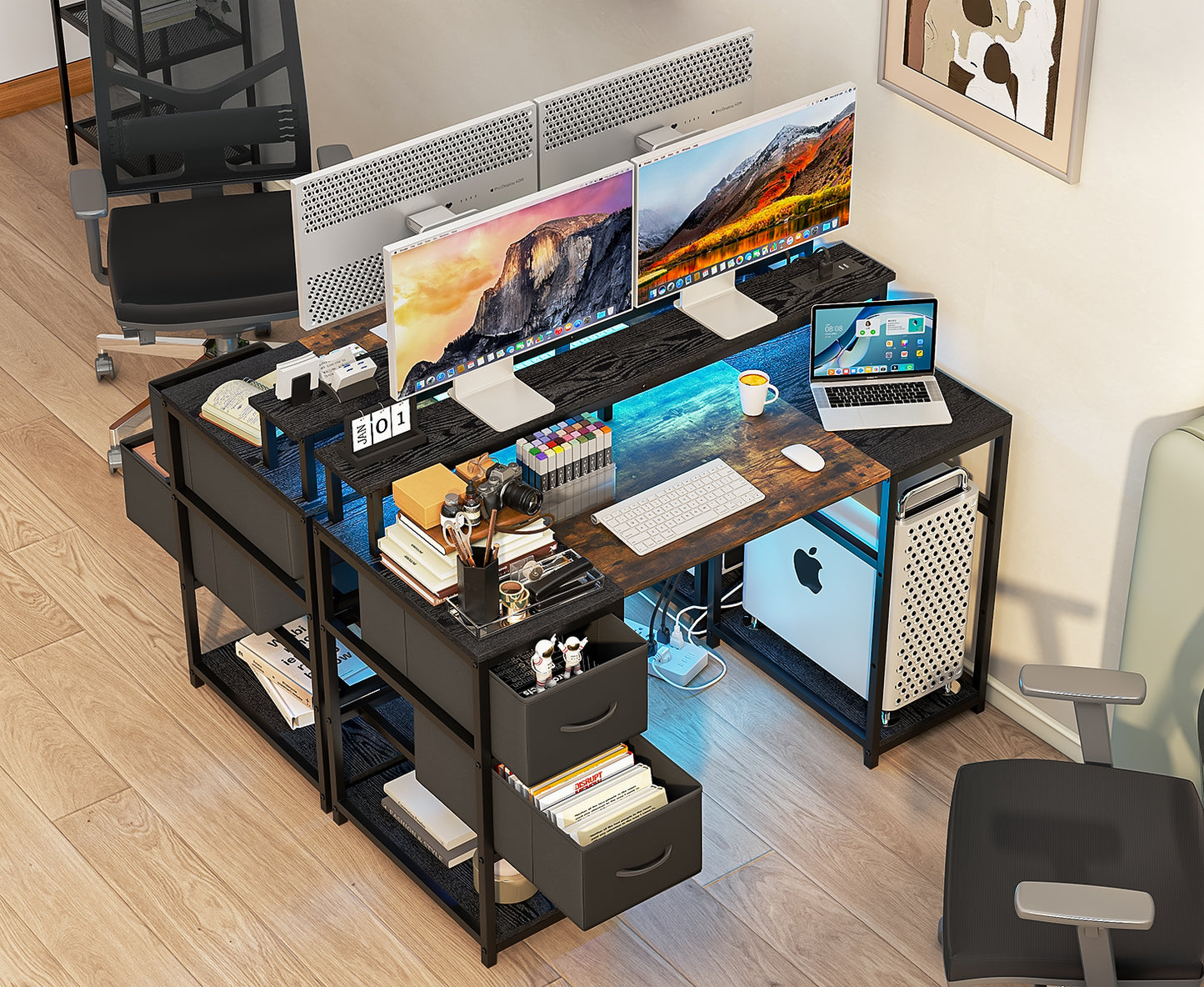 Escritorio de Ordenador con Estante LED USB Negro + Vintage