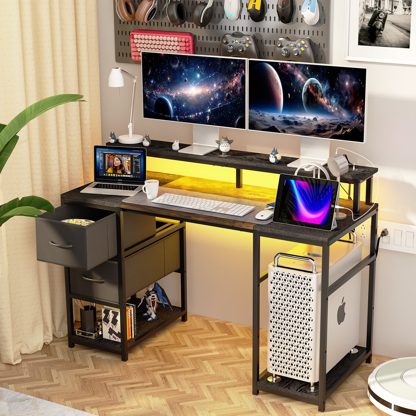 Escritorio de Ordenador con Estante LED USB Negro + Vintage