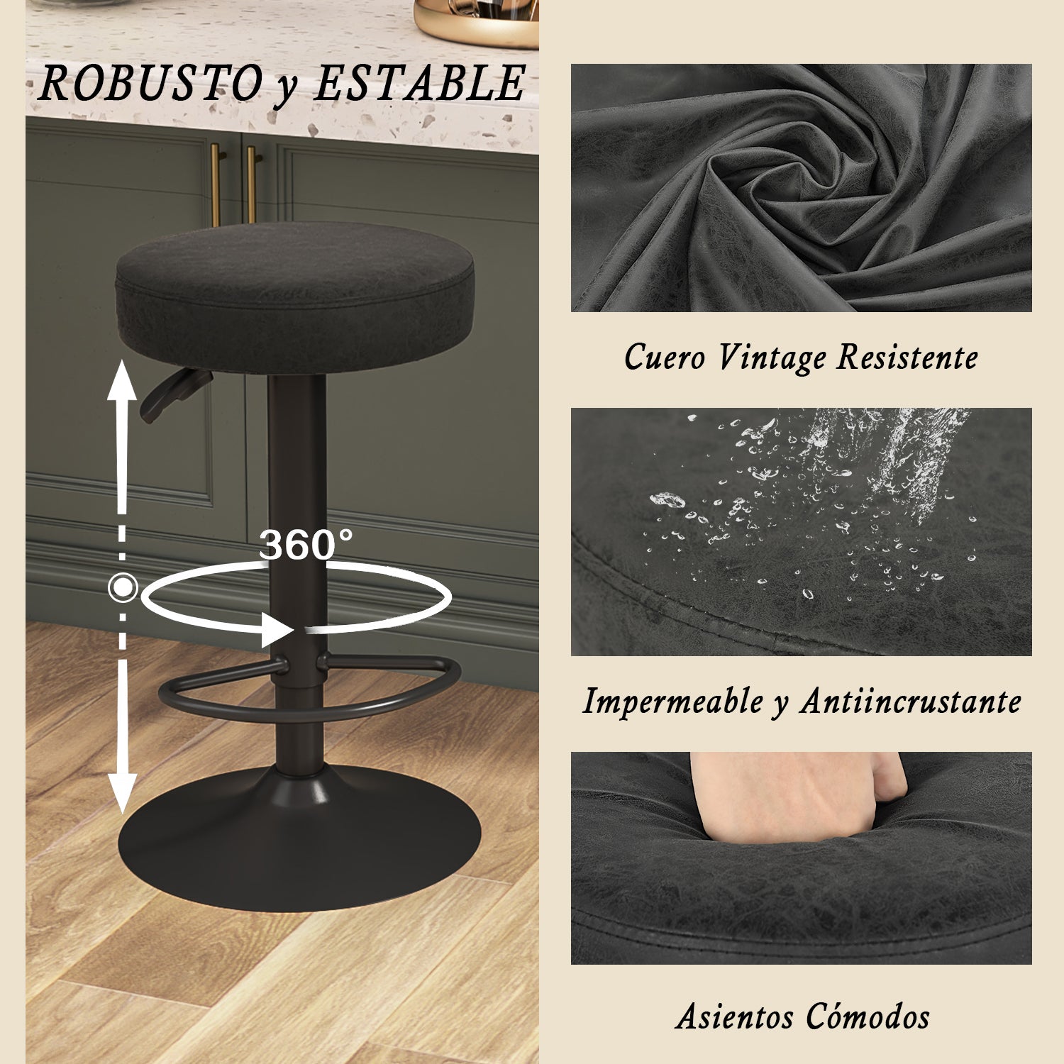 Juego de 2 Taburetes de Bar para Cocina Giratorios 360° y con Altura Ajustable Tela Impermeable Vintage Negro