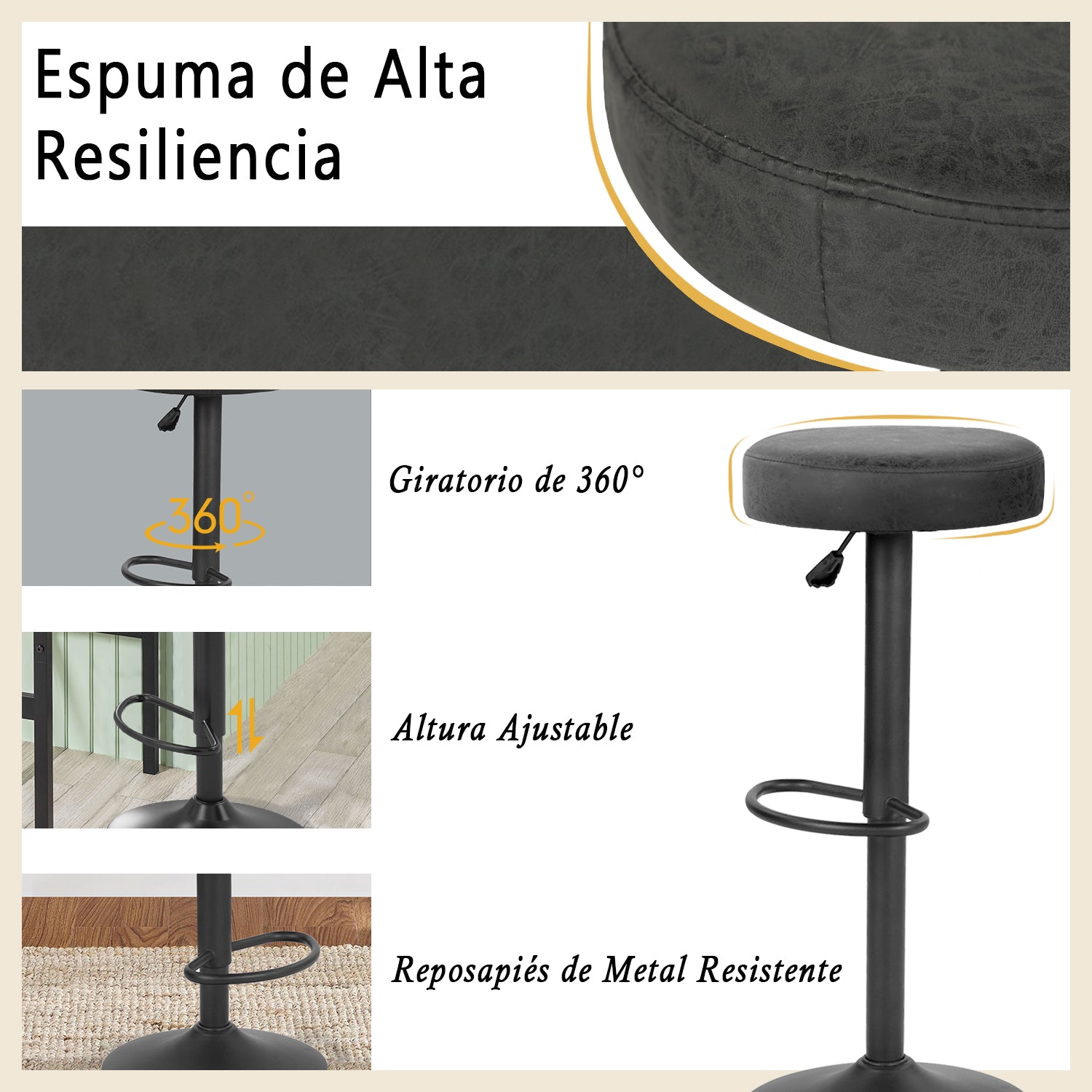 Juego de 2 Taburetes de Bar para Cocina Giratorios 360° y con Altura Ajustable Tela Impermeable Vintage Negro