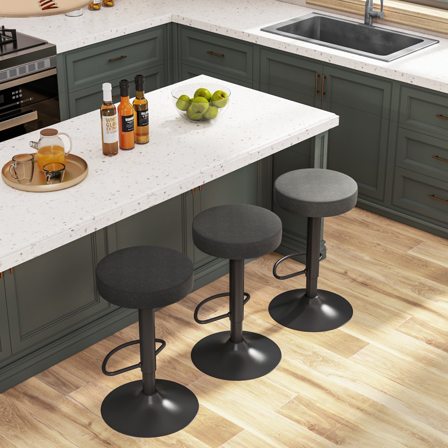 Juego de 2 Taburetes de Bar para Cocina Giratorios 360° y con Altura Ajustable Tela Impermeable Vintage Negro