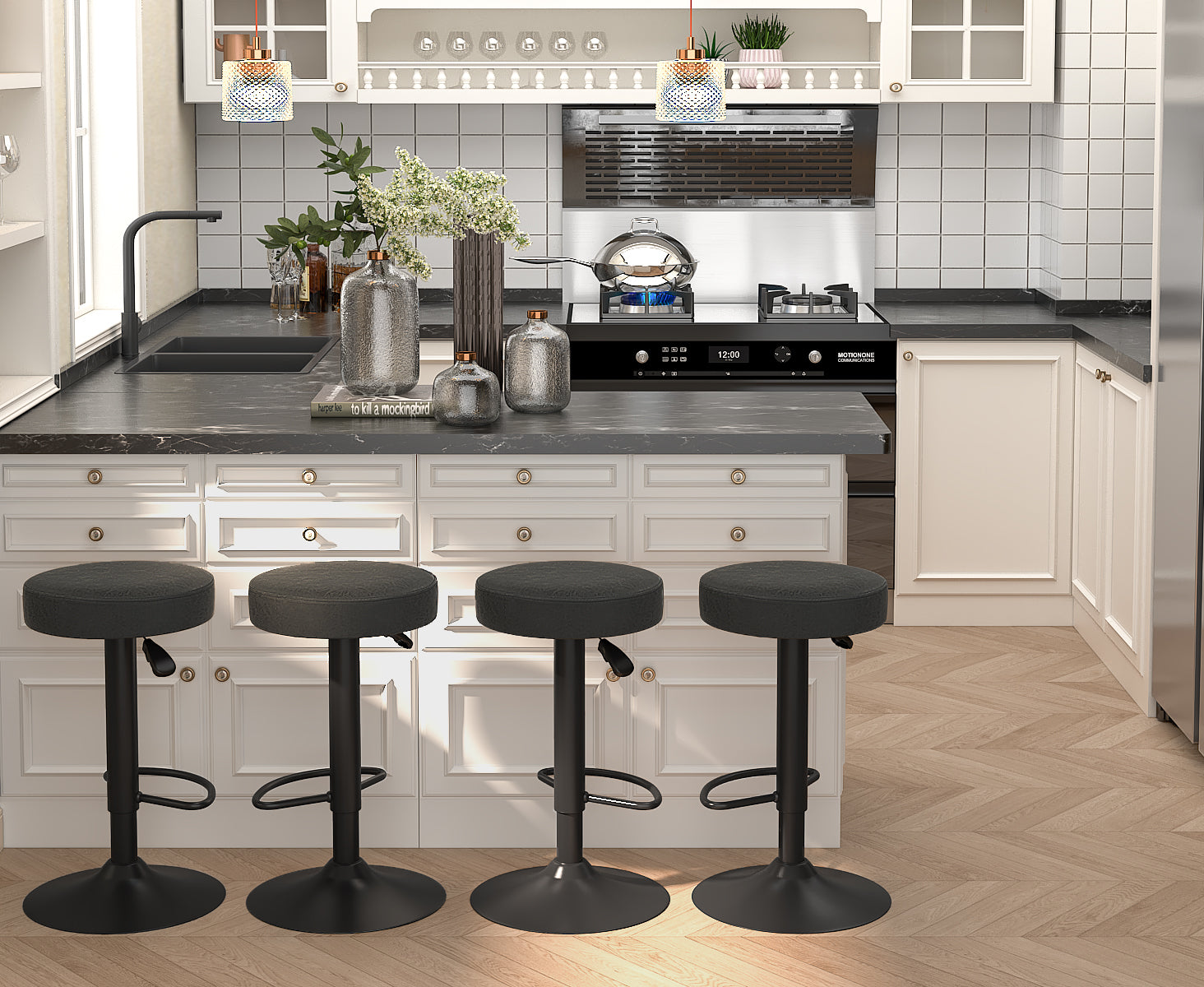 Juego de 2 Taburetes de Bar para Cocina Giratorios 360° y con Altura Ajustable Tela Impermeable Vintage Negro