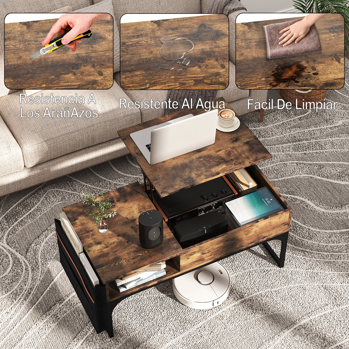 Mesa de Centro Elevable con Almacenamiento