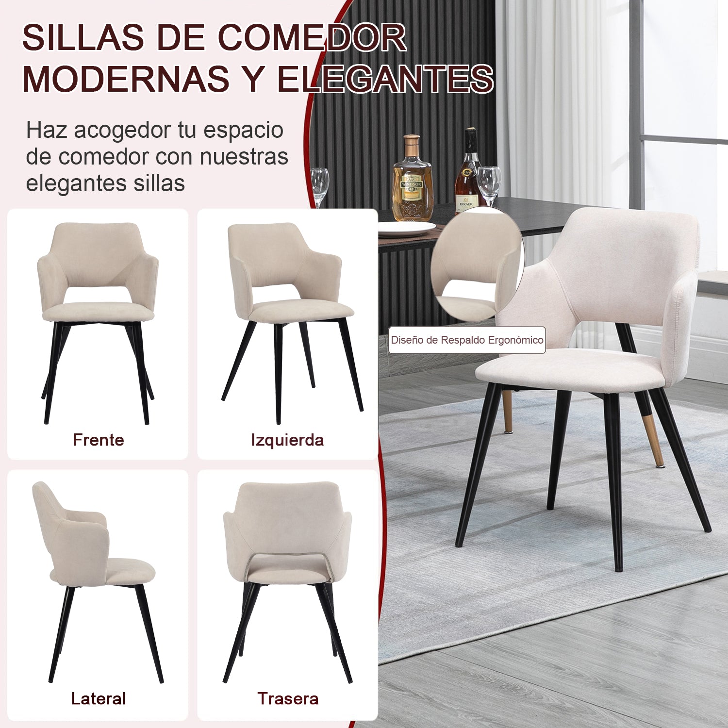 Conjunto de 2 Sillas de Comedor Modernas Respaldo de Diseño Vintage Beige