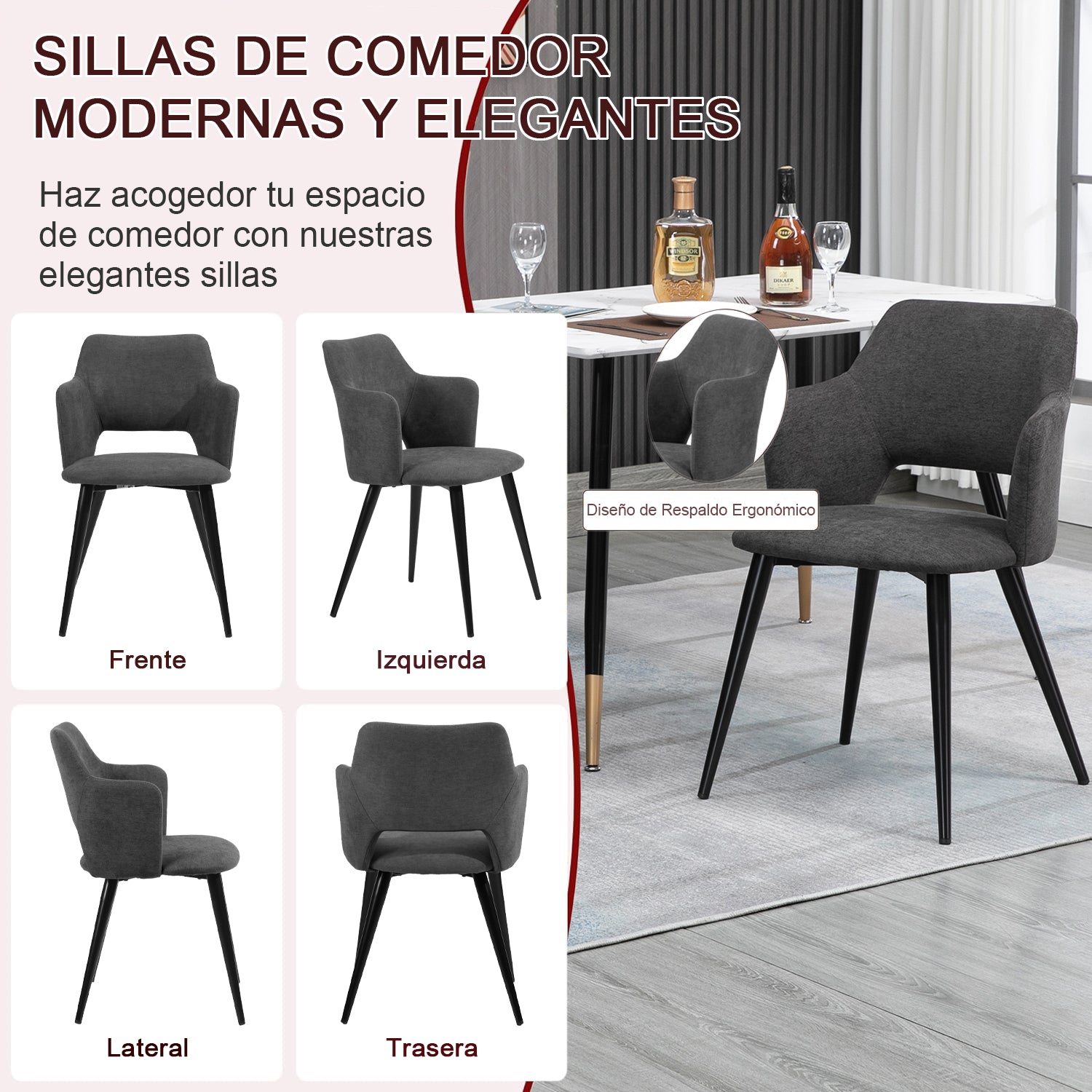 Conjunto de 2 Sillas de Comedor Modernas Respaldo de Diseño Vintage Gris