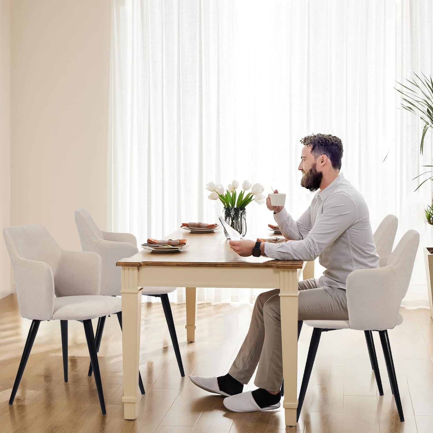 Conjunto de 2 Sillas de Comedor Modernas Respaldo de Diseño Vintage Beige