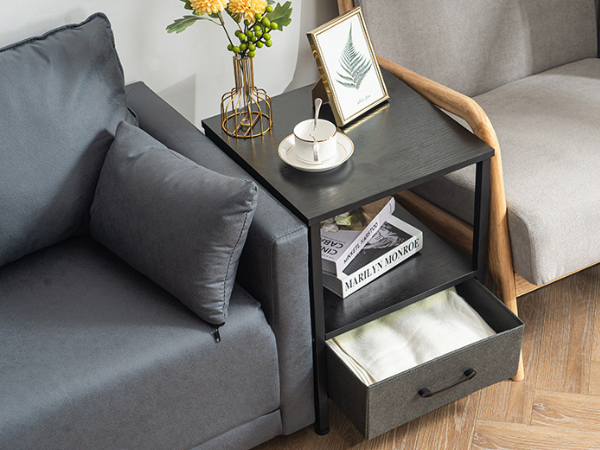 Burós Mesita de Noche Mesita Auxiliar con Cajón Extraíble de Bolsillo de Tela para Dormitorio y Salón Negro