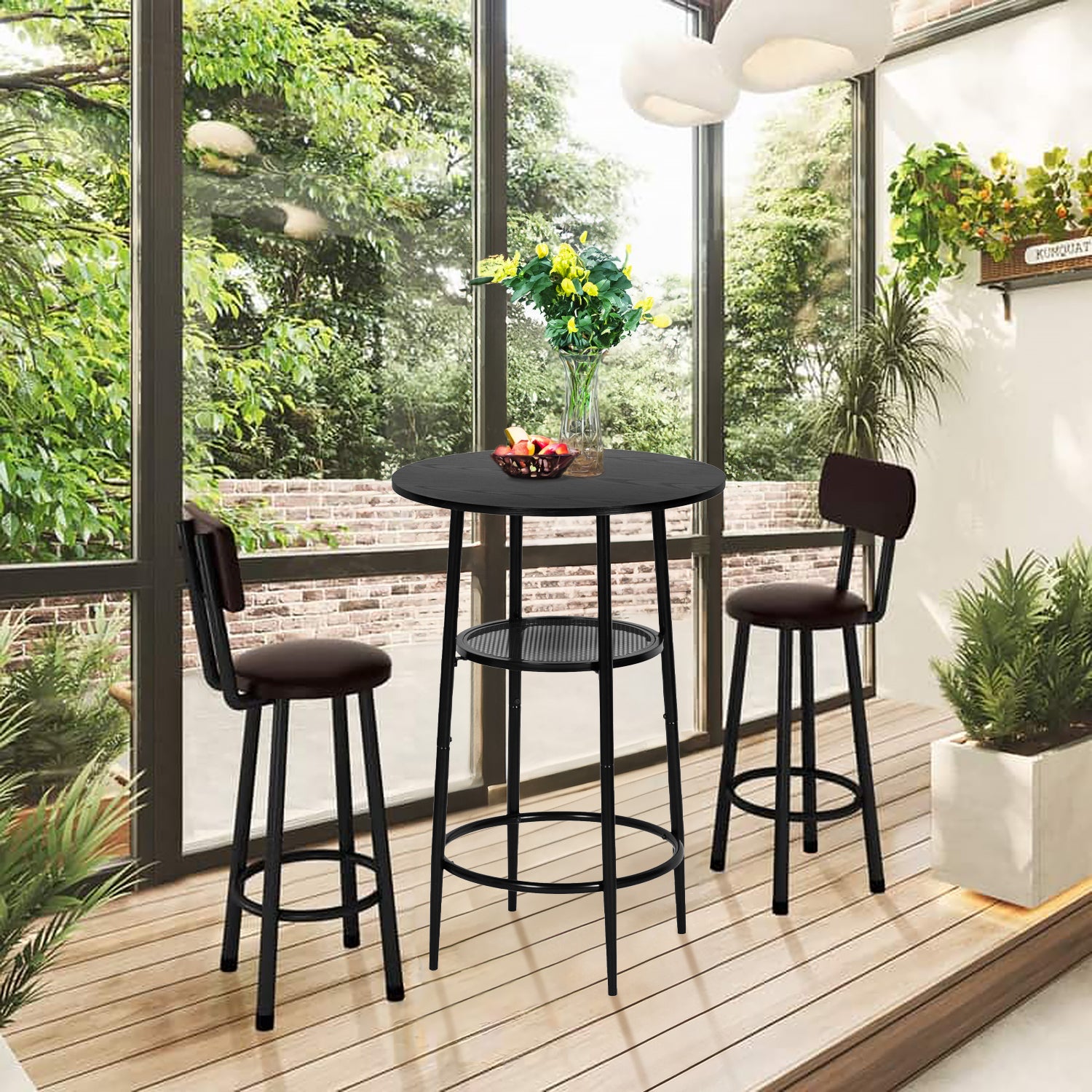 Mesa de Bar Redonda Moderna de Dos Niveles con Patas de Metal Negro