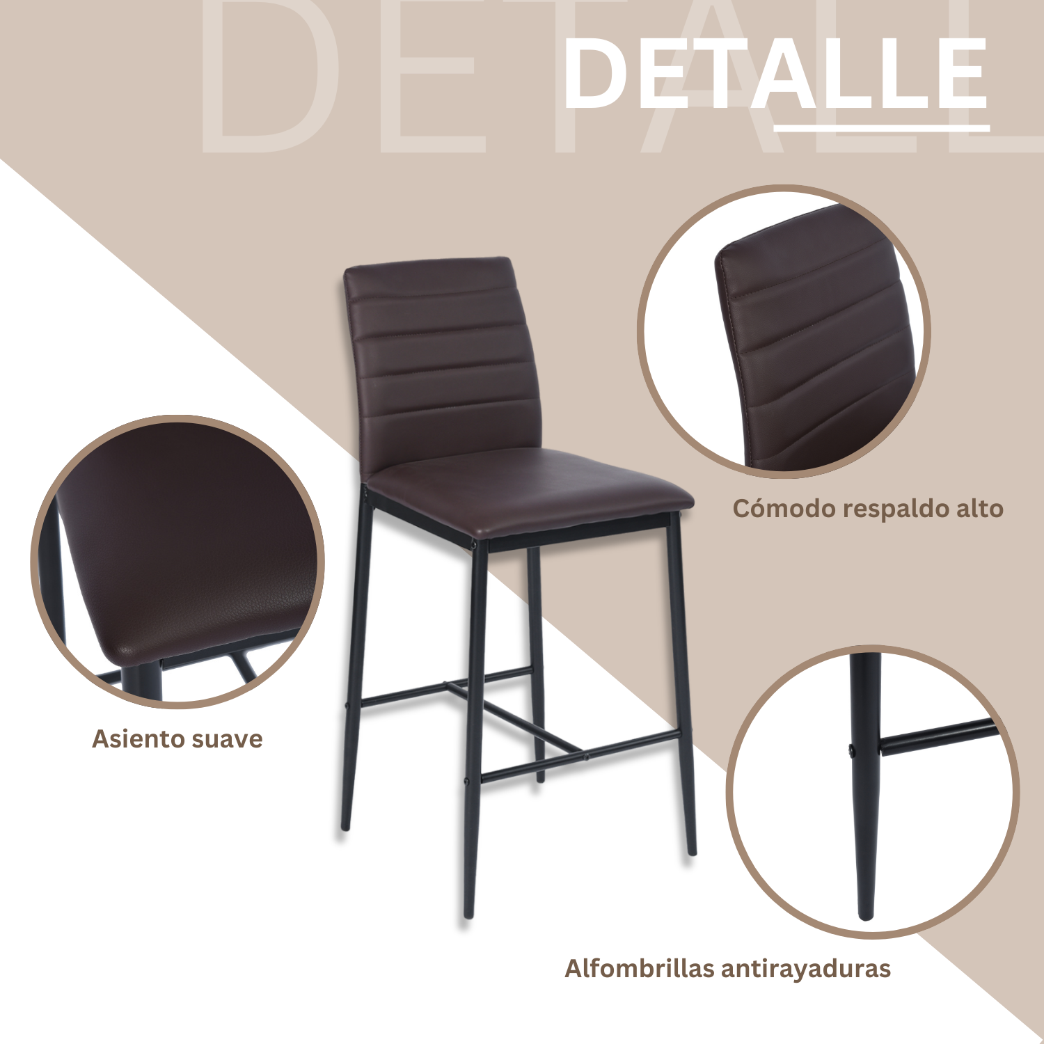 Juego de 2 Taburetes de Bar Contemporáneos con Respaldo Alto Marrón