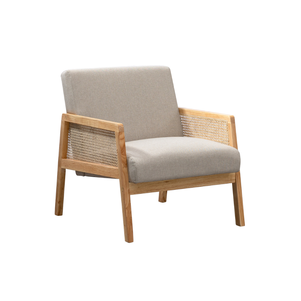 Sillón Moderno Individual con Tapizado de Malla de Ratán y Estructura de Madera Color Beige