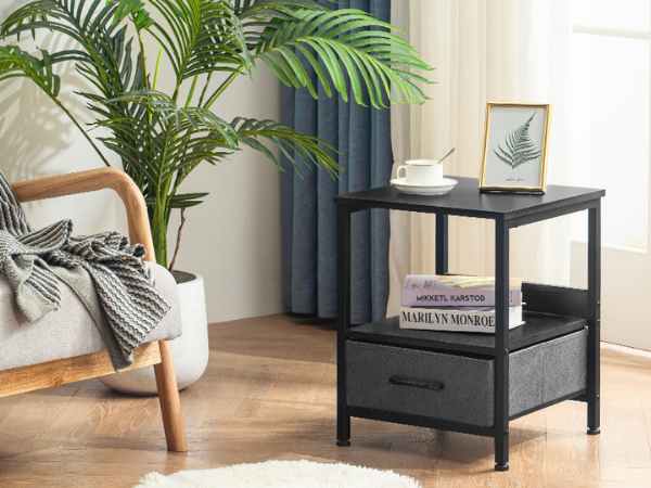 Burós Mesita de Noche Mesita Auxiliar con Cajón Extraíble de Bolsillo de Tela para Dormitorio y Salón Negro