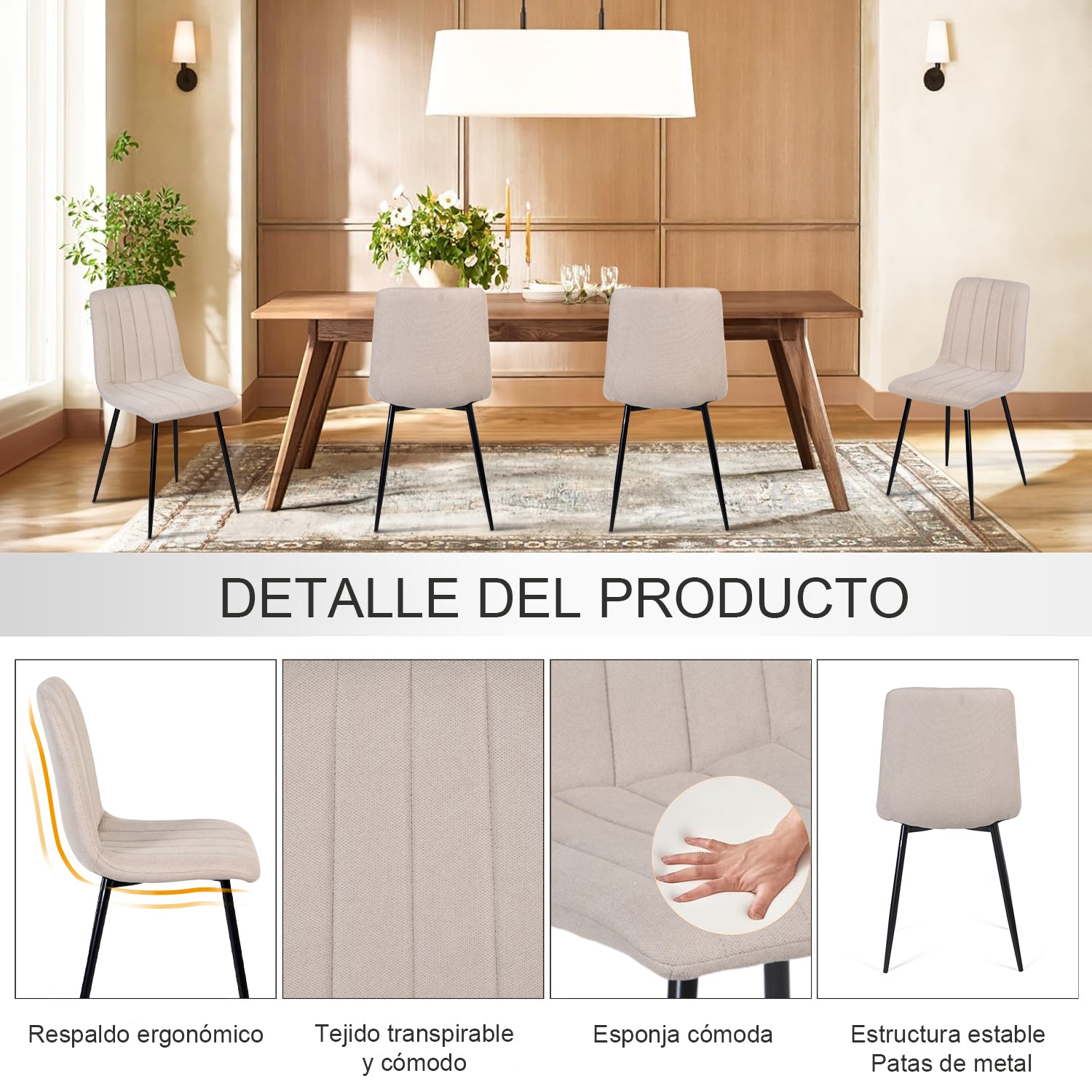 Juego de 4 Sillas para Comedor Beige