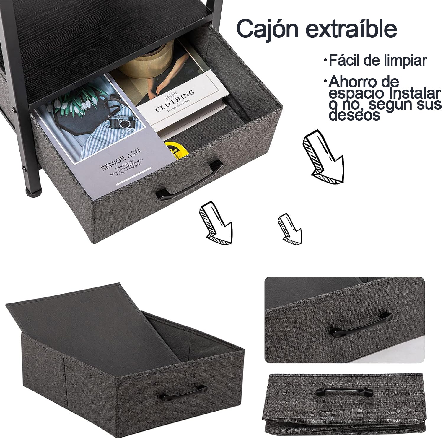 Burós Mesita de Noche Mesita Auxiliar con Cajón Extraíble de Bolsillo de Tela para Dormitorio y Salón Negro