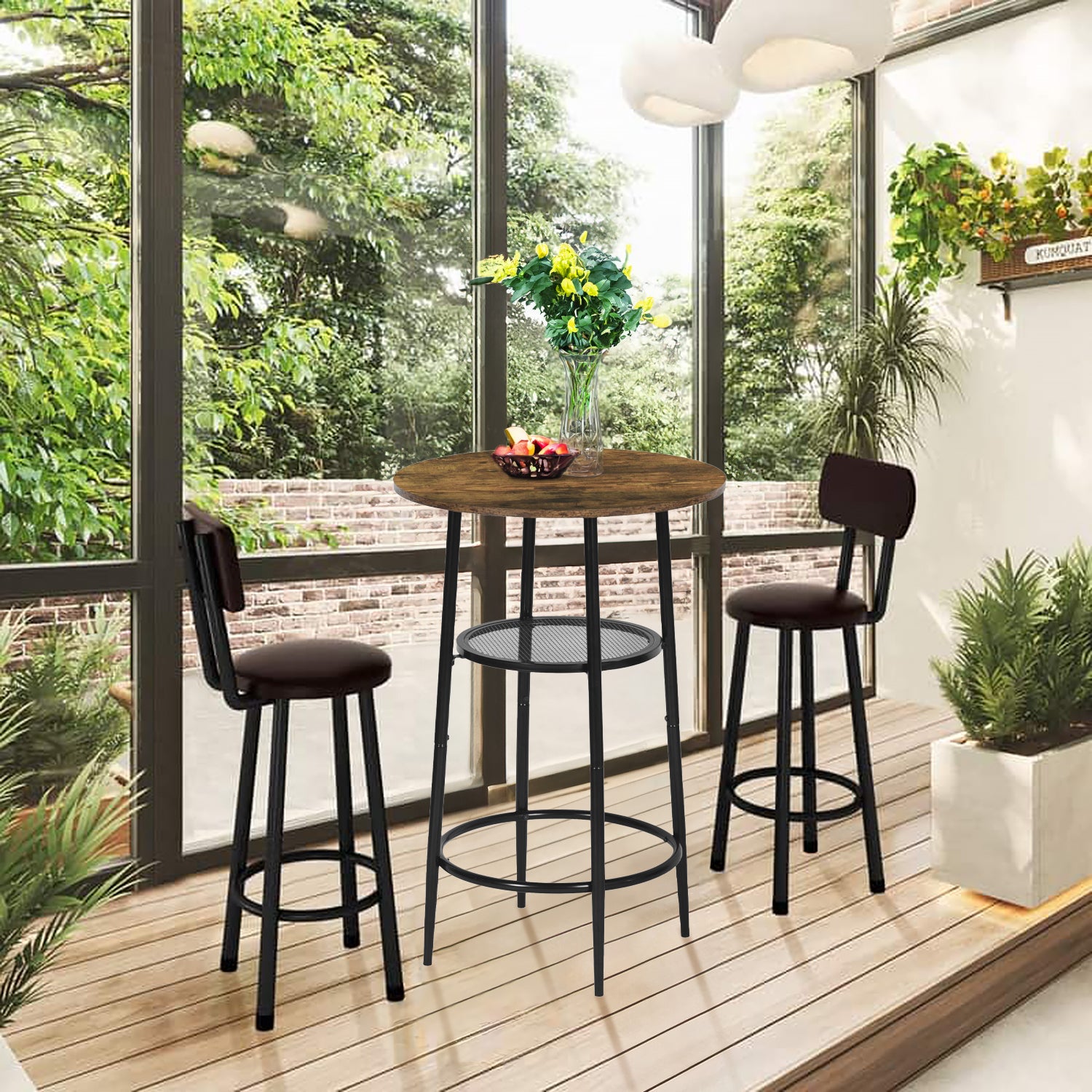 Mesa de Bar Redonda Moderna de Dos Niveles con Patas de Metal Vintage