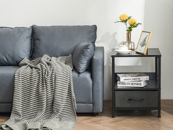 Burós Mesita de Noche Mesita Auxiliar con Cajón Extraíble de Bolsillo de Tela para Dormitorio y Salón Negro