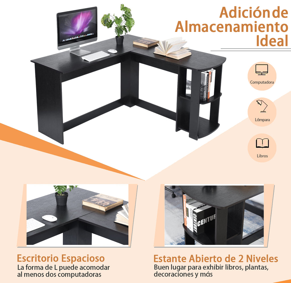 Escritorio en Forma de L con Estantes Abiertos Mesa de Juegos Grande Negro