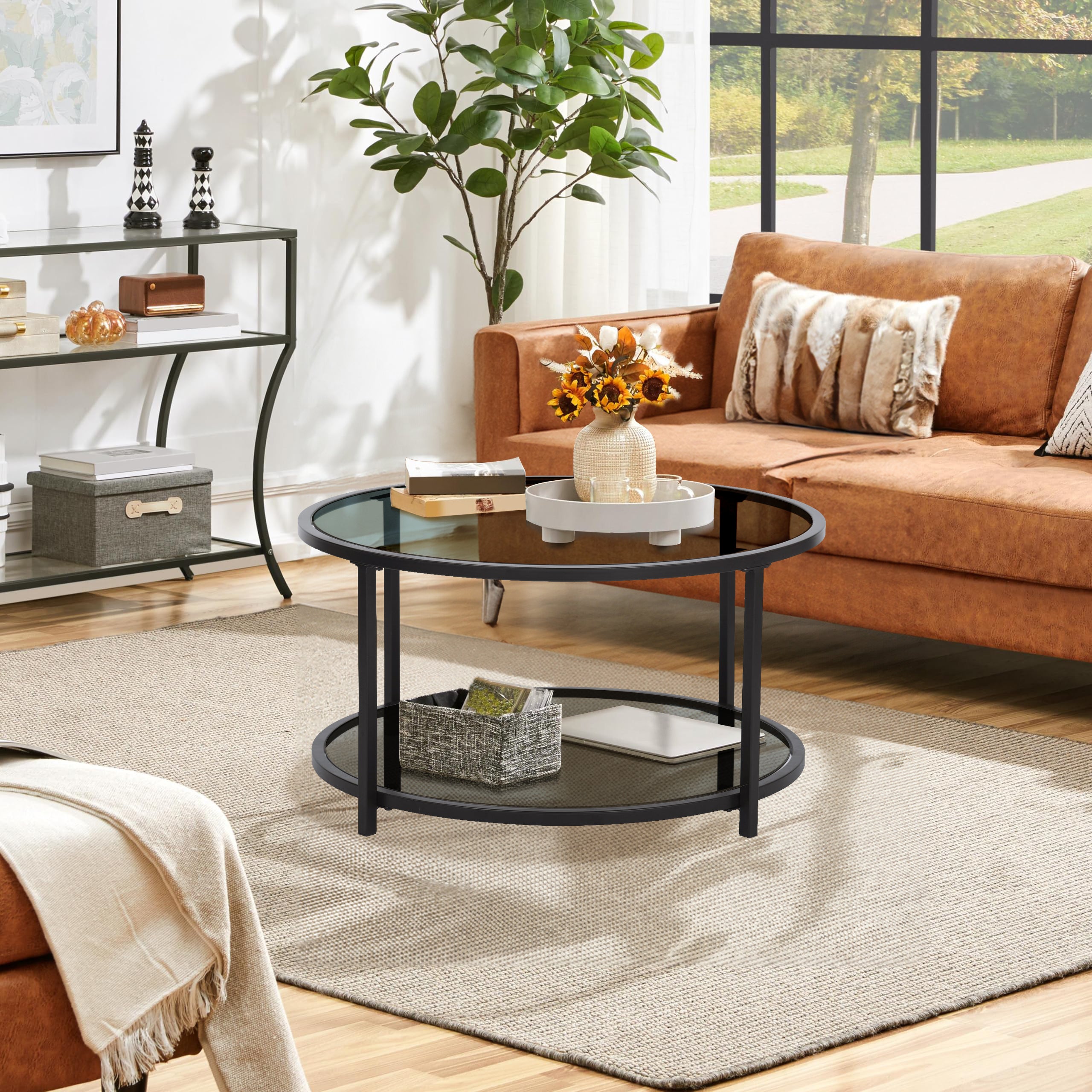 Mesa de centro redonda de cristal 80x80x42cm Gris