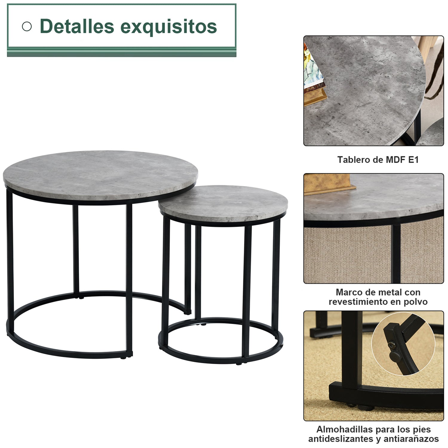 Juego de Mesa de Centro Redonda de 2 Piezas Gris