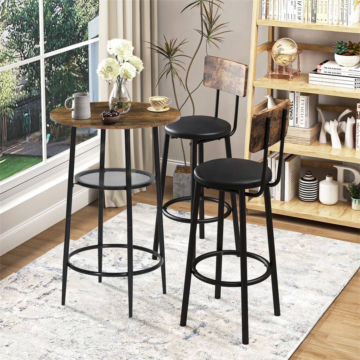 Mesa de Bar Redonda Moderna de Dos Niveles con Patas de Metal Vintage