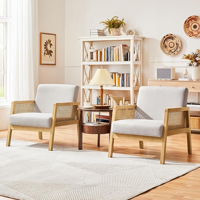 Sillón Moderno con Estructura de Madera de Ratán Juego de 2 (Beige)