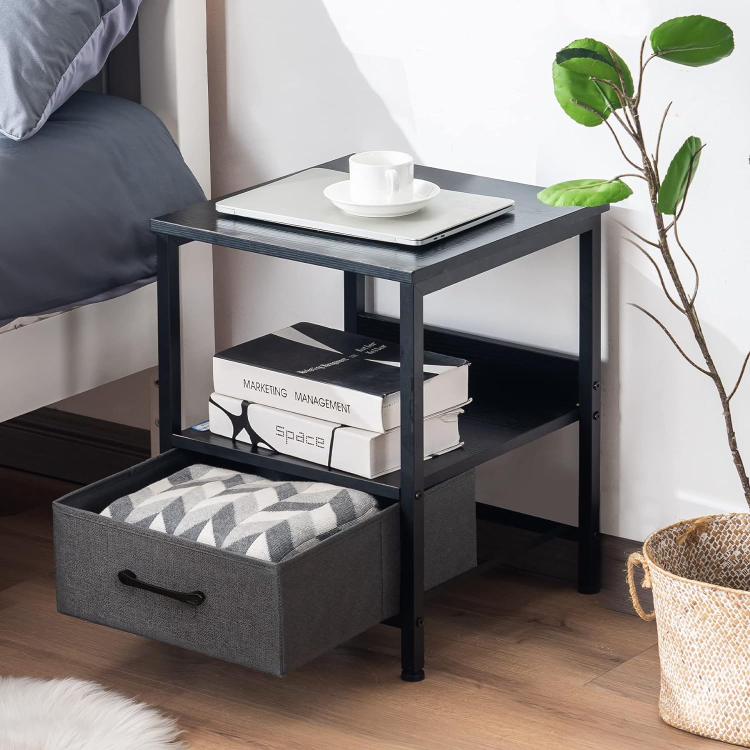 Burós Mesita de Noche Mesita Auxiliar con Cajón Extraíble de Bolsillo de Tela para Dormitorio y Salón Negro