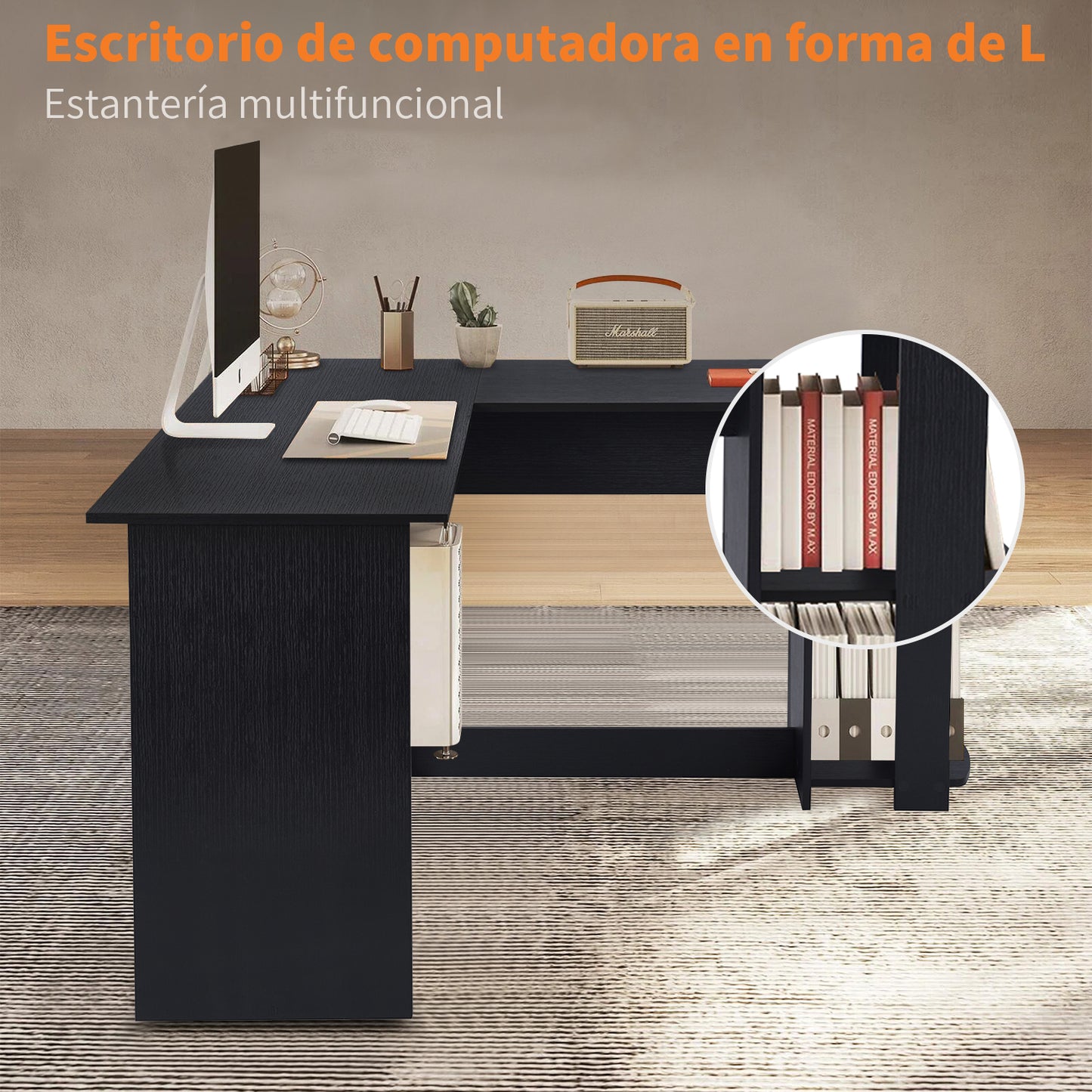 Escritorio en Forma de L con Estantes Abiertos Mesa de Juegos Grande Negro