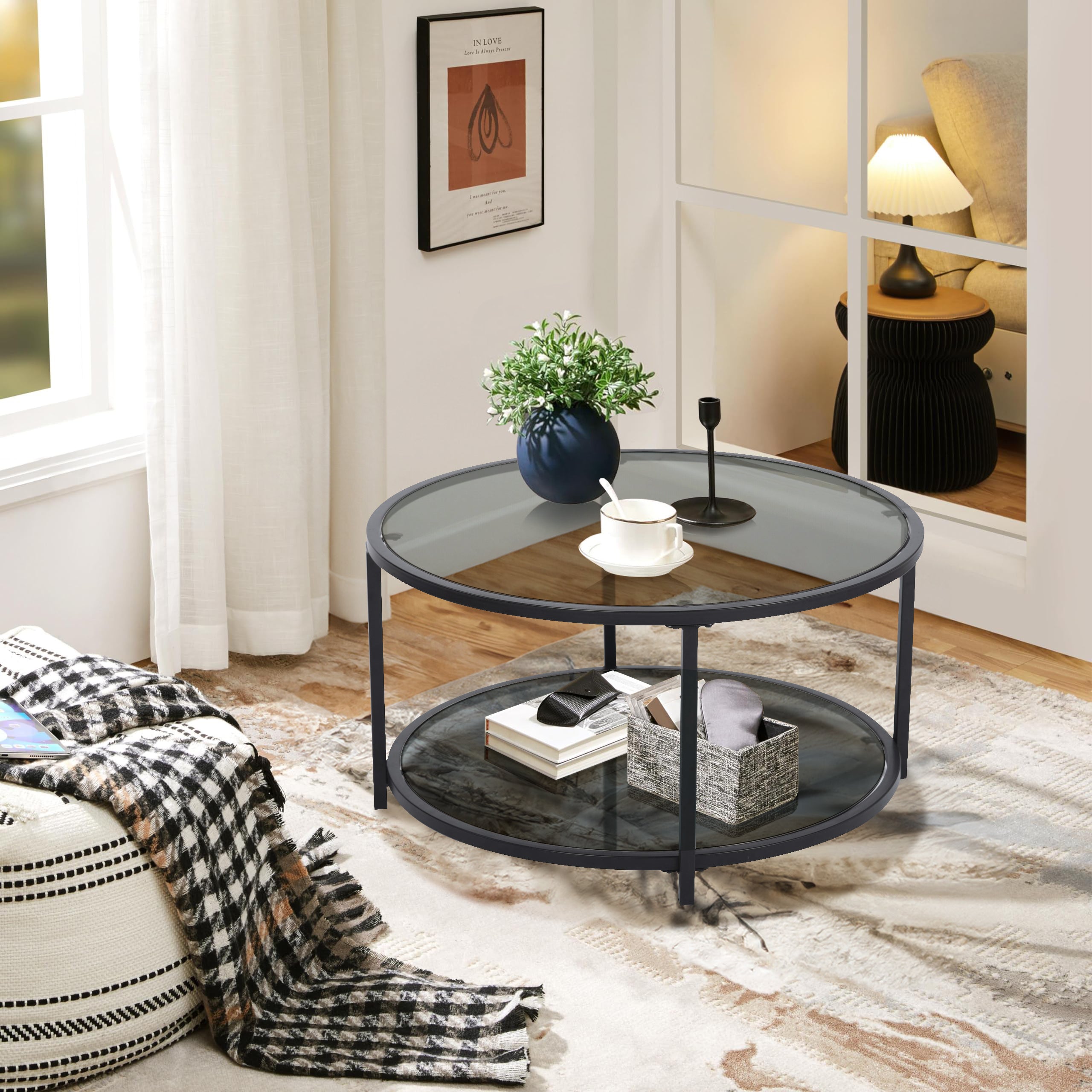 Mesa de centro redonda de cristal 80x80x42cm Gris