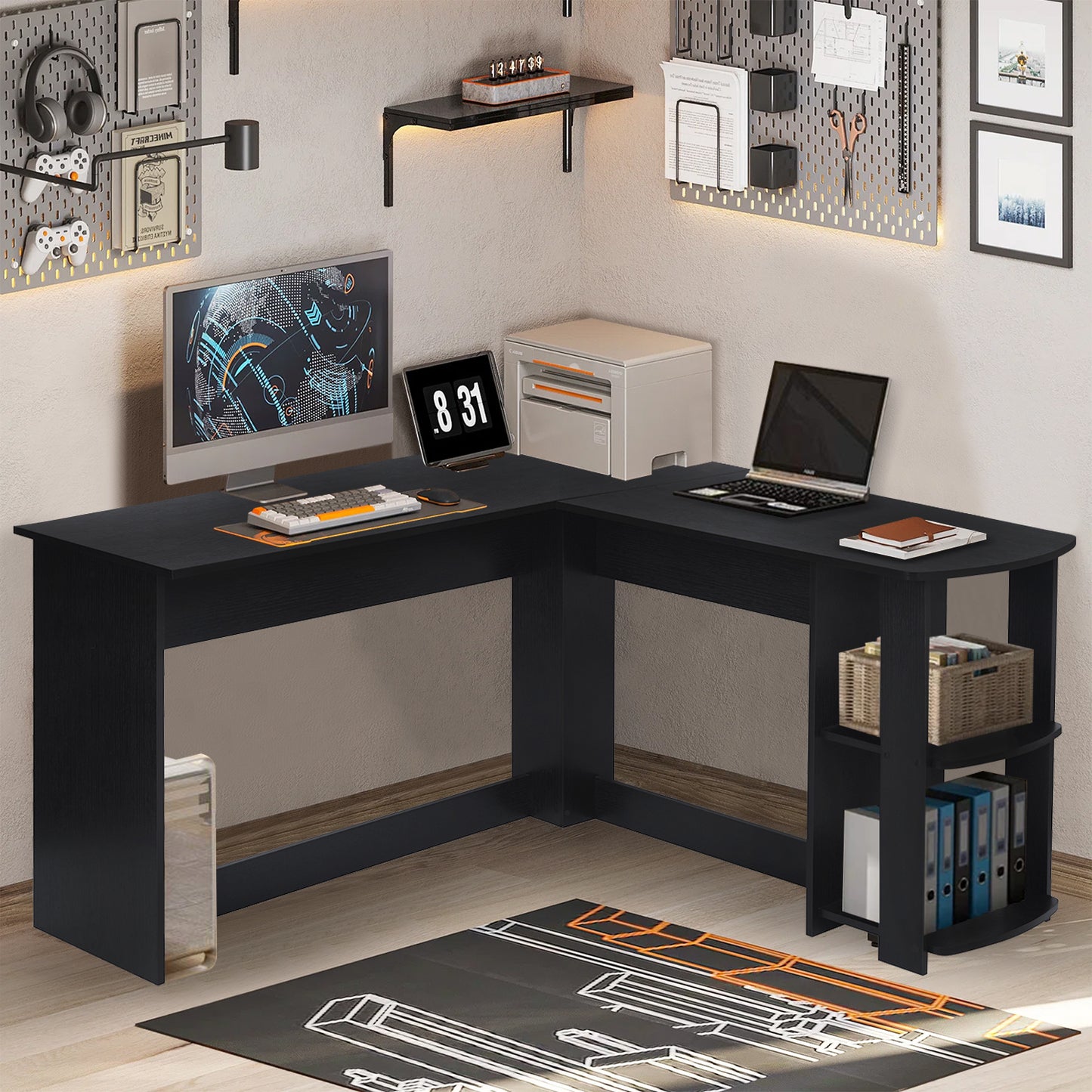Escritorio en Forma de L con Estantes Abiertos Mesa de Juegos Grande Negro