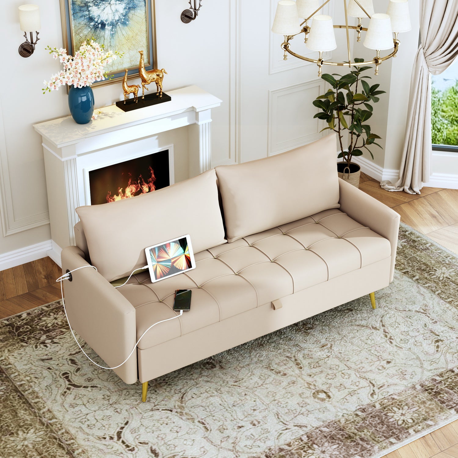 Sofá Moderno de Dos Plazas con Espacio de Almacenamiento Puertos de Carga USB y Tipo C, Y Dos Almohadas Beige