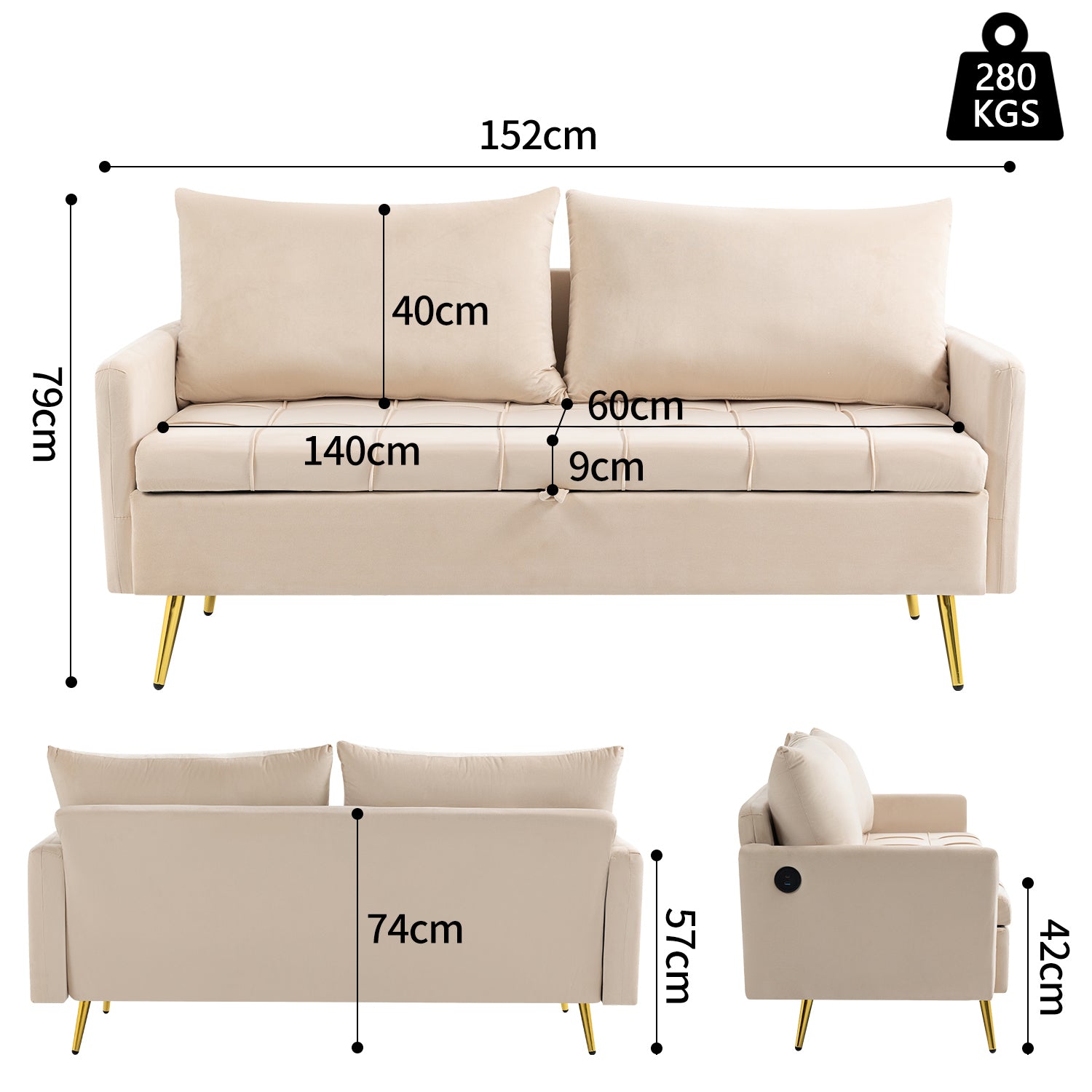 Sofá Moderno de Dos Plazas con Espacio de Almacenamiento Puertos de Carga USB y Tipo C, Y Dos Almohadas Beige