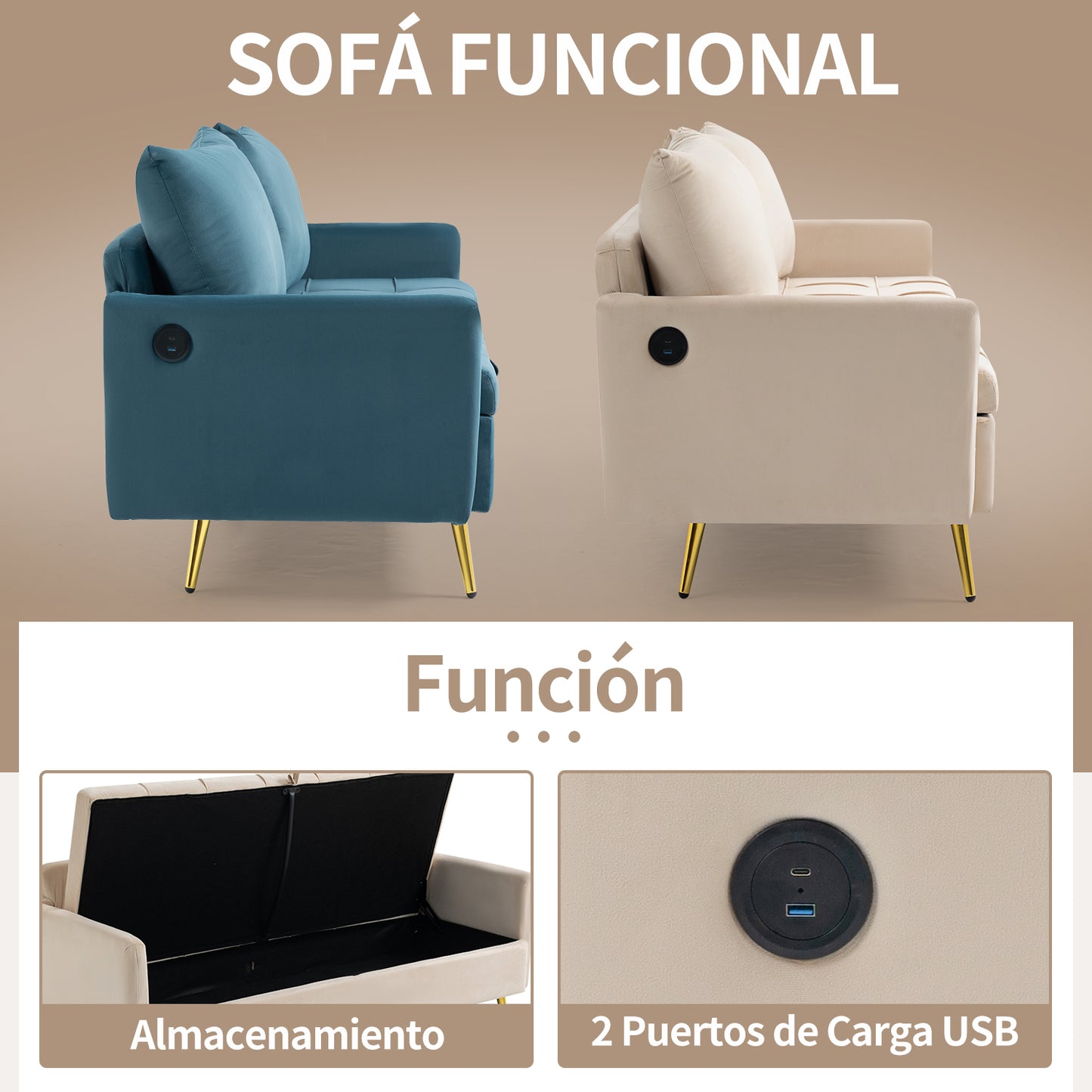 Sofá Moderno de Dos Plazas con Espacio de Almacenamiento Puertos de Carga USB y Tipo C, Y Dos Almohadas Beige
