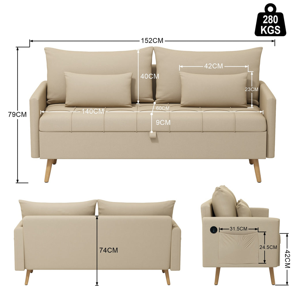 Sofá Moderno de Dos Plazas con Espacio de Almacenamiento Puertos de Carga USB y Tipo C, Y Dos Almohadas Beige