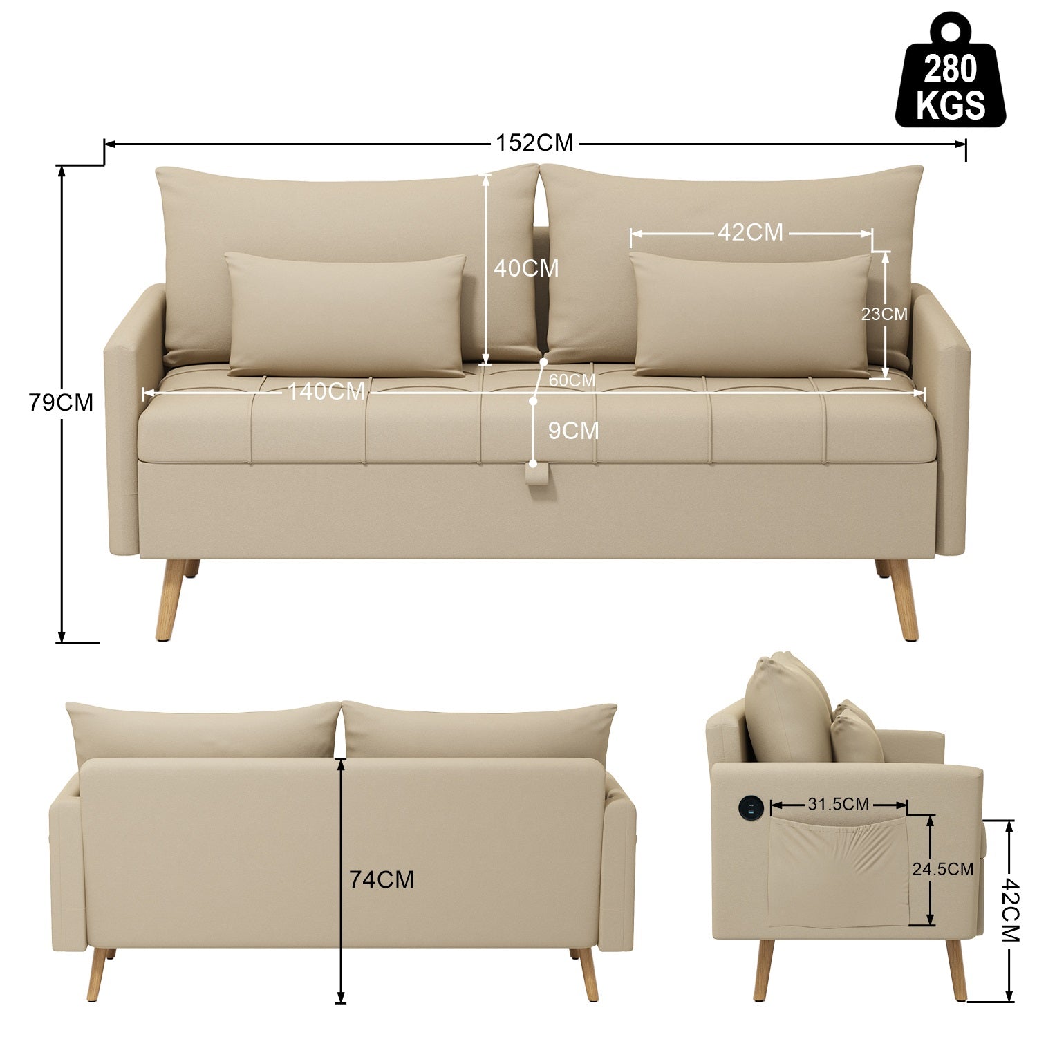 Sofá Moderno de Dos Plazas con Espacio de Almacenamiento Puertos de Carga USB y Tipo C, Y Dos Almohadas Beige