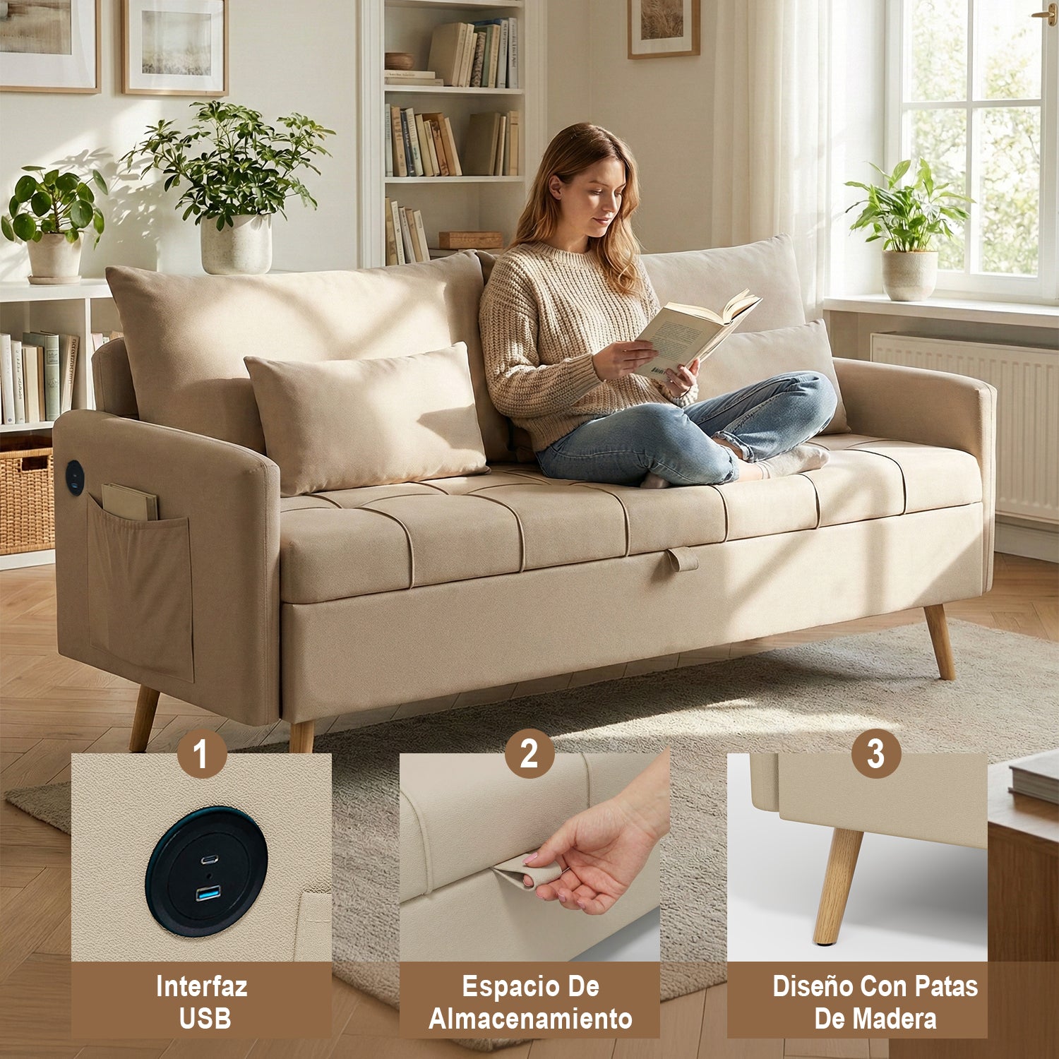 Sofá Moderno de Dos Plazas con Espacio de Almacenamiento Puertos de Carga USB y Tipo C, Y Dos Almohadas Beige
