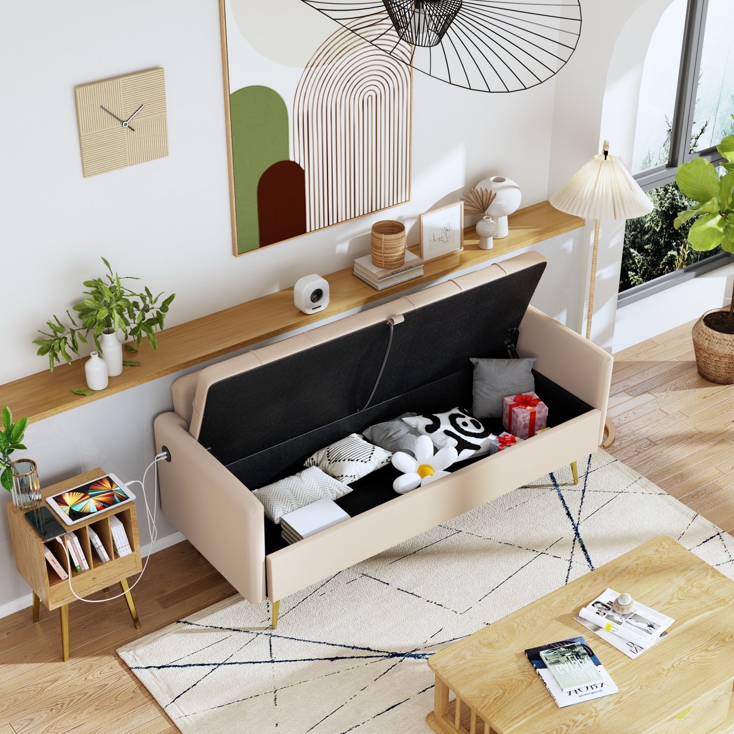 Sofá Moderno de Dos Plazas con Espacio de Almacenamiento Puertos de Carga USB y Tipo C, Y Dos Almohadas Beige