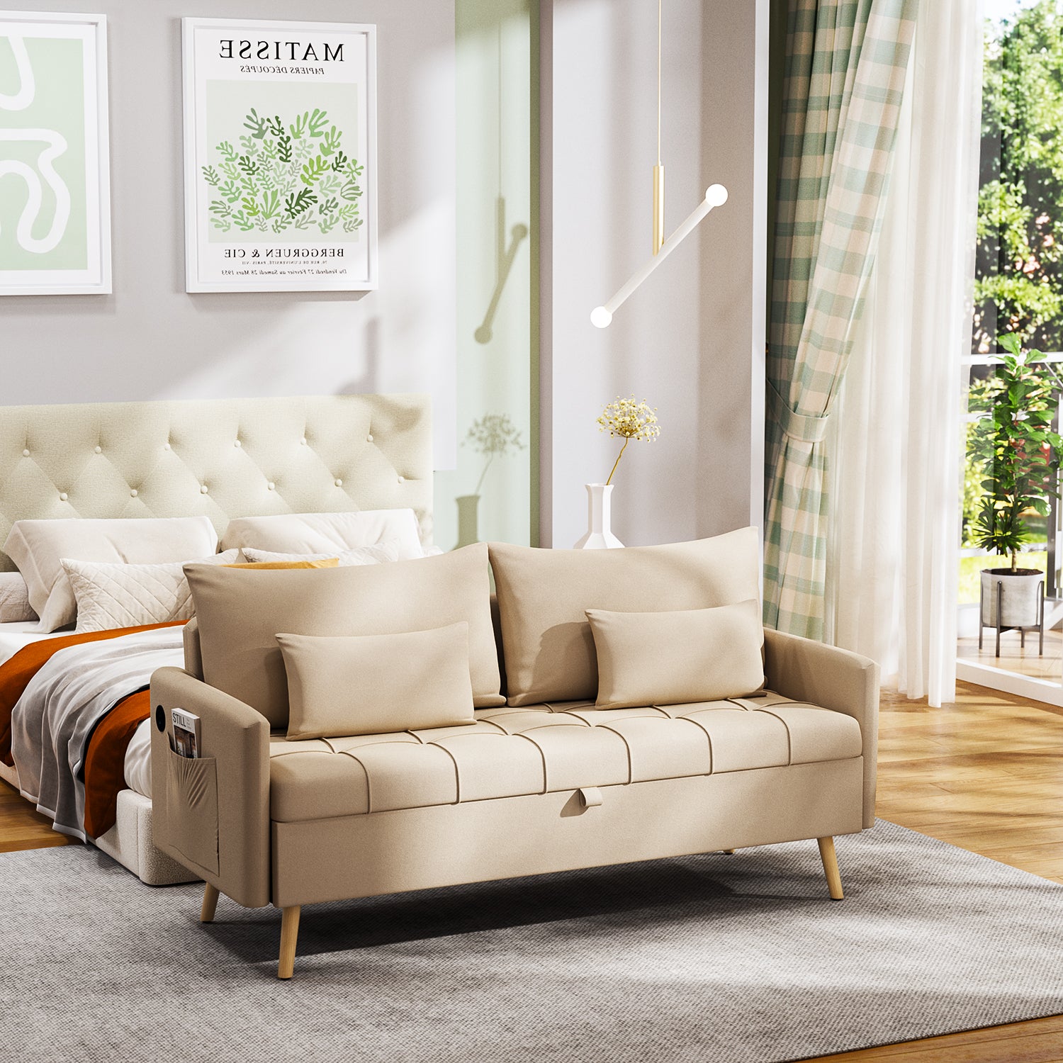 Sofá Moderno de Dos Plazas con Espacio de Almacenamiento Puertos de Carga USB y Tipo C, Y Dos Almohadas Beige