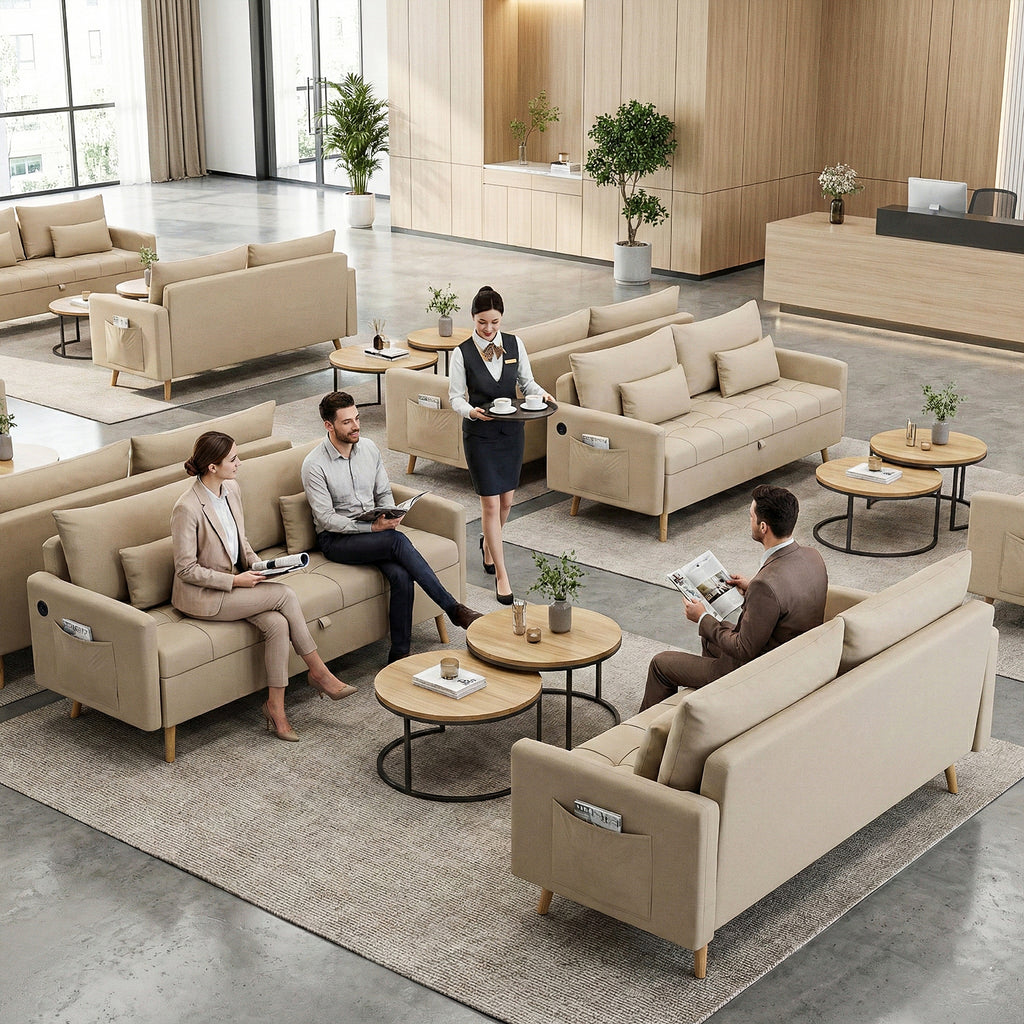 Sofá Moderno de Dos Plazas con Espacio de Almacenamiento Puertos de Carga USB y Tipo C, Y Dos Almohadas Beige