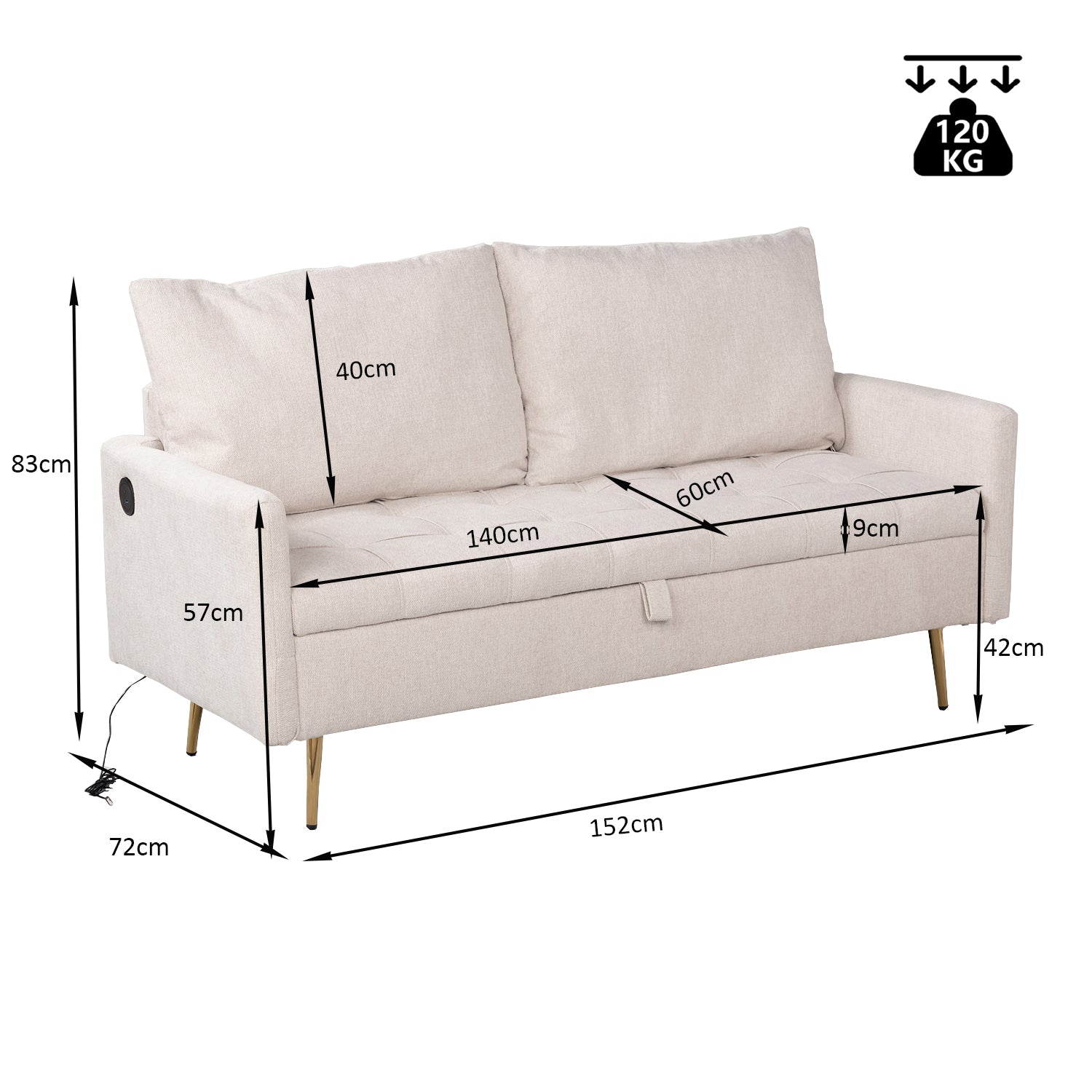 Sofá Moderno de Dos Plazas con Espacio de Almacenamiento Puertos de Carga USB y Tipo C, Y Dos Almohadas (Beige)