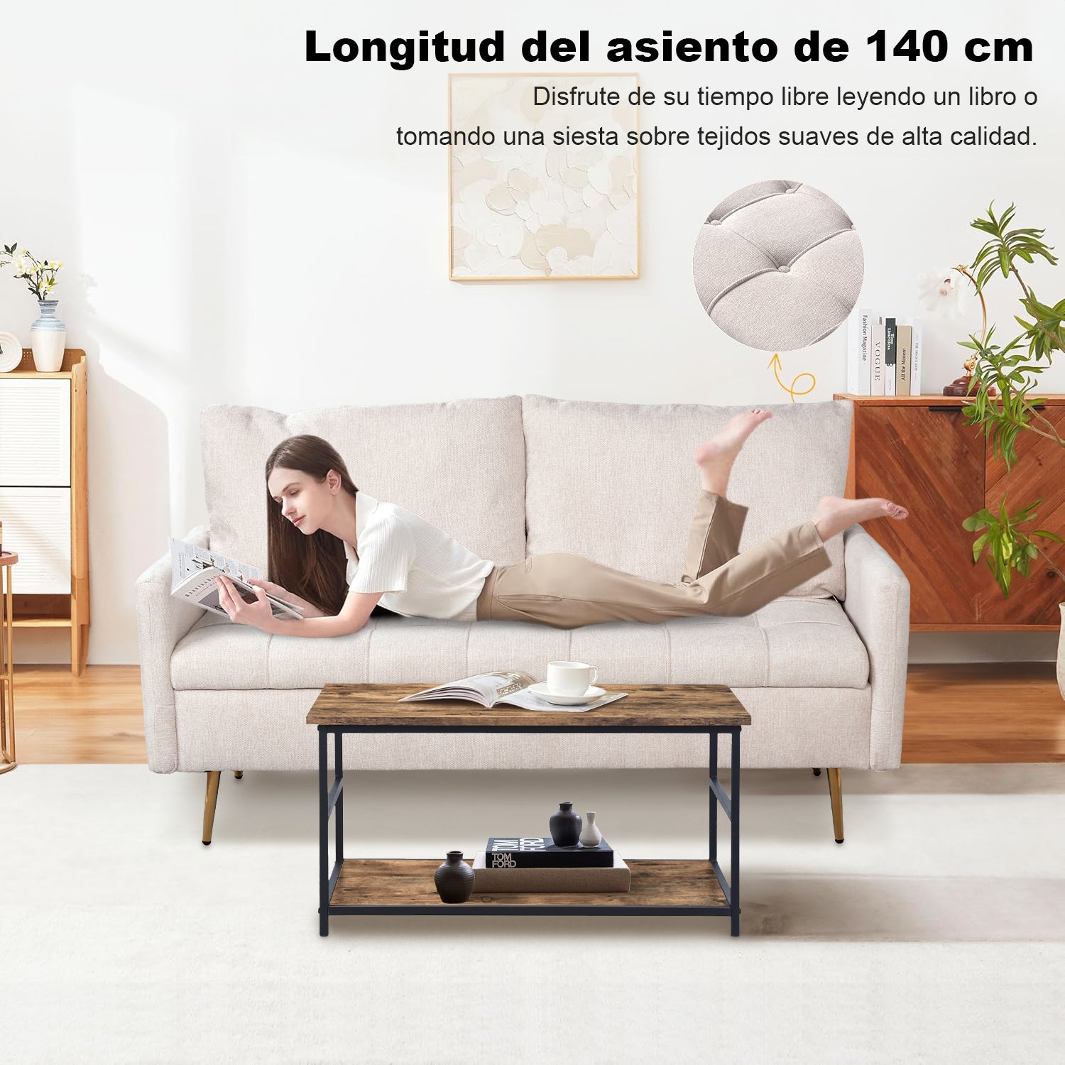 Sofá Moderno de Dos Plazas con Espacio de Almacenamiento Puertos de Carga USB y Tipo C, Y Dos Almohadas (Beige)