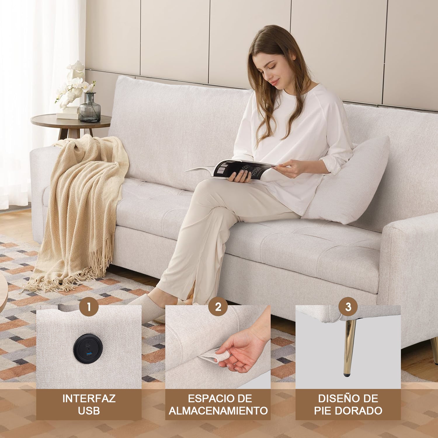 Sofá Moderno de Dos Plazas con Espacio de Almacenamiento Puertos de Carga USB y Tipo C, Y Dos Almohadas (Beige)