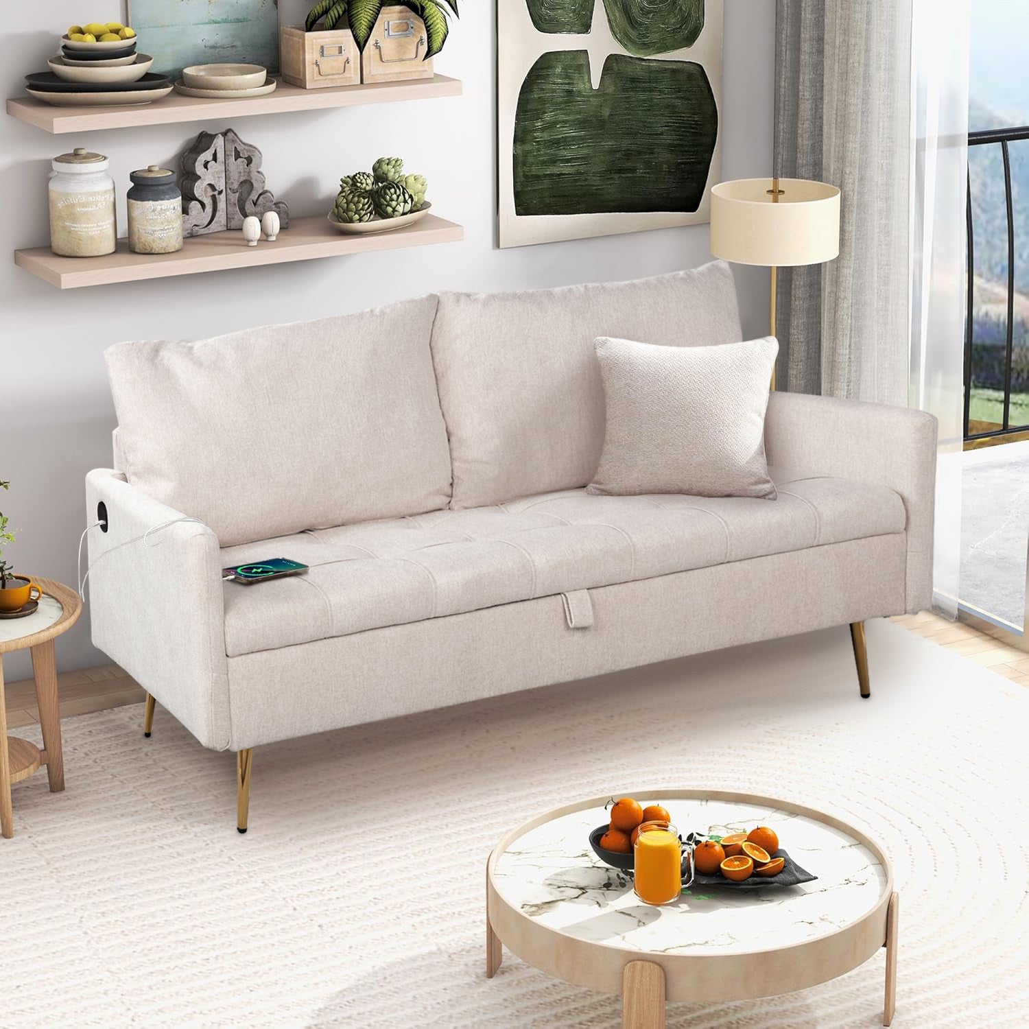 Sofá Moderno de Dos Plazas con Espacio de Almacenamiento Puertos de Carga USB y Tipo C, Y Dos Almohadas (Beige)