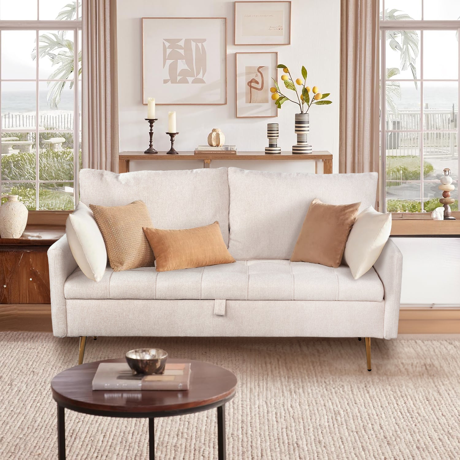 Sofá Moderno de Dos Plazas con Espacio de Almacenamiento Puertos de Carga USB y Tipo C, Y Dos Almohadas (Beige)